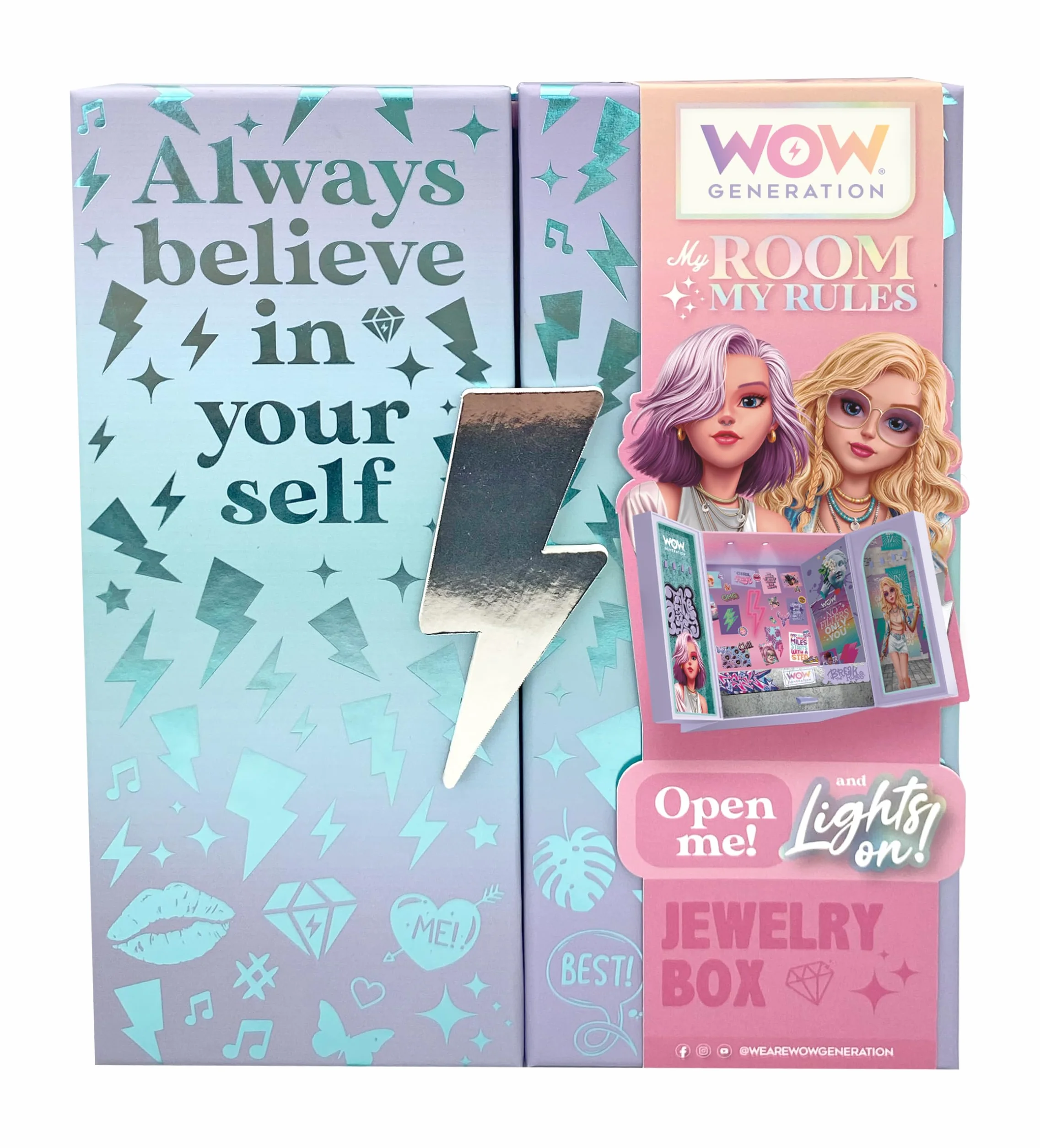 WOW GENERATION Joyero Infantil con Luces LED Organizador Bisutería Compartimentos Colgadores Base Felpa