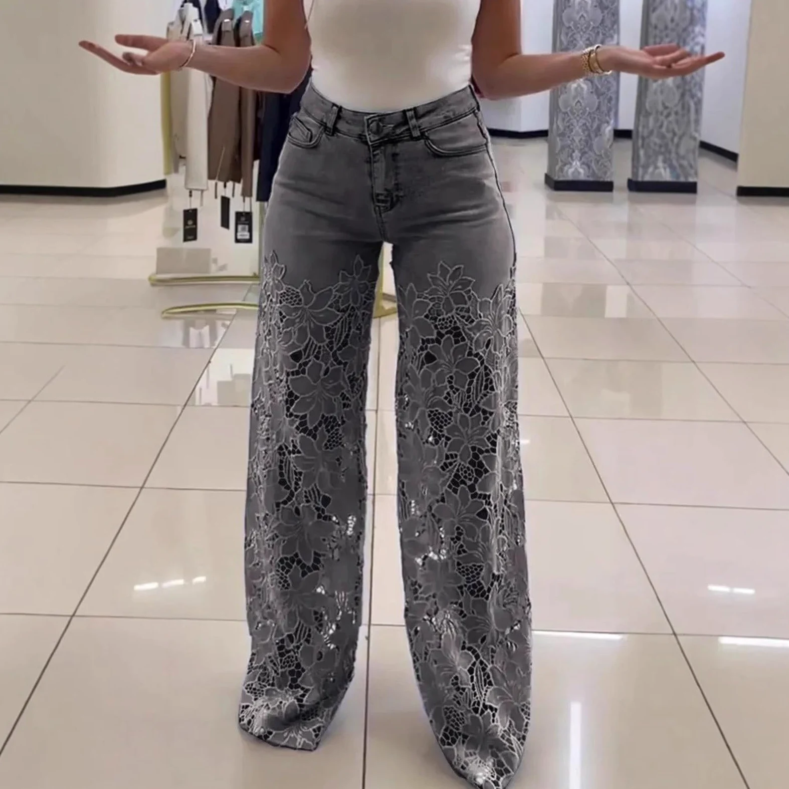 Pantalones De Verano Mujer Anchos, Pantalones Vaqueros Mujer Deporte, Ajustados EláSticos Cintura Alta con Ribete Encaje CóModos Y Calados Vacaciones Informales Pantalón Deportivo Pantalon