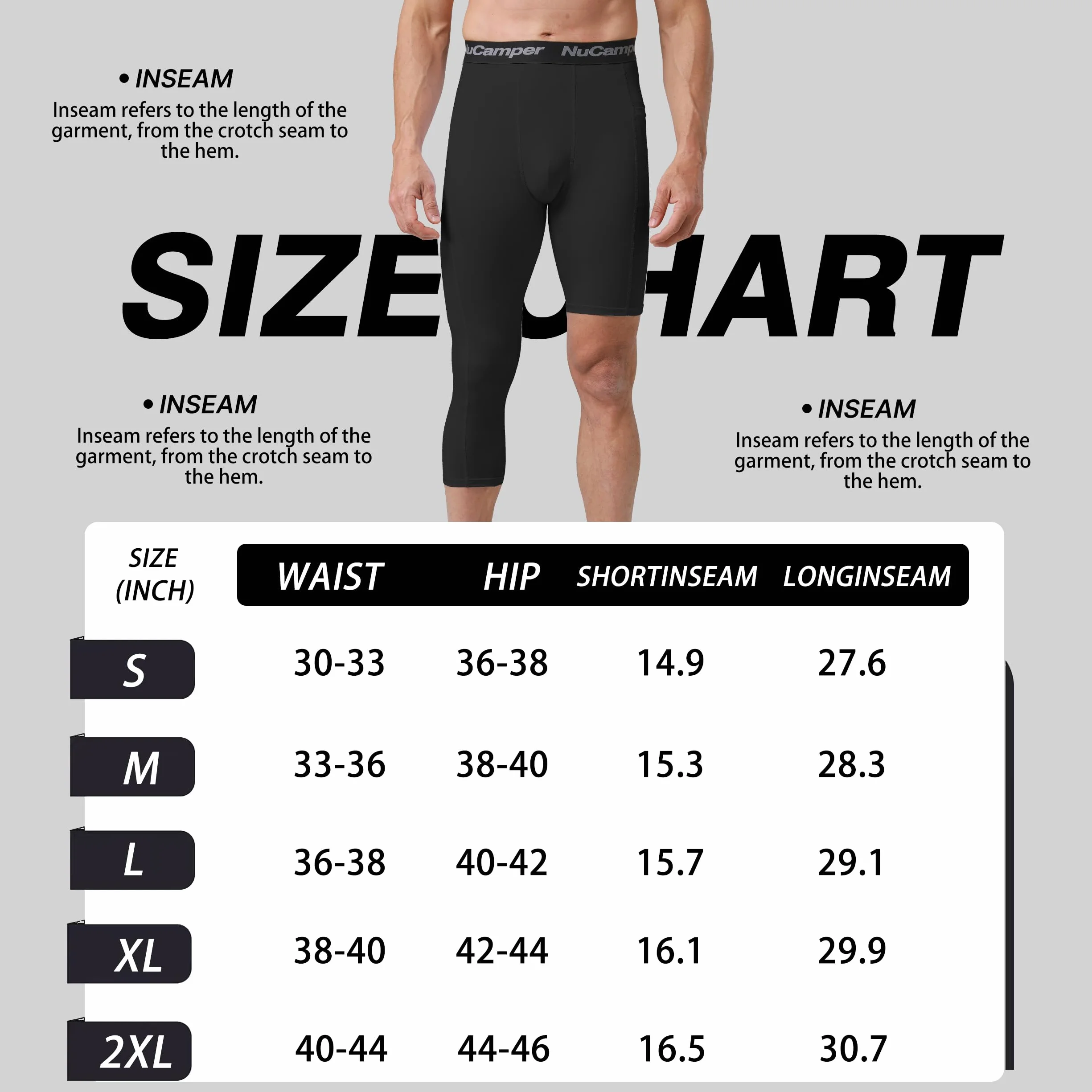 NuCamper Pantalones de Compresión 3/4 Hombre Baloncesto Capa Base Bolsillos Mallas Secado Rápido Transpirables Leggings Correr