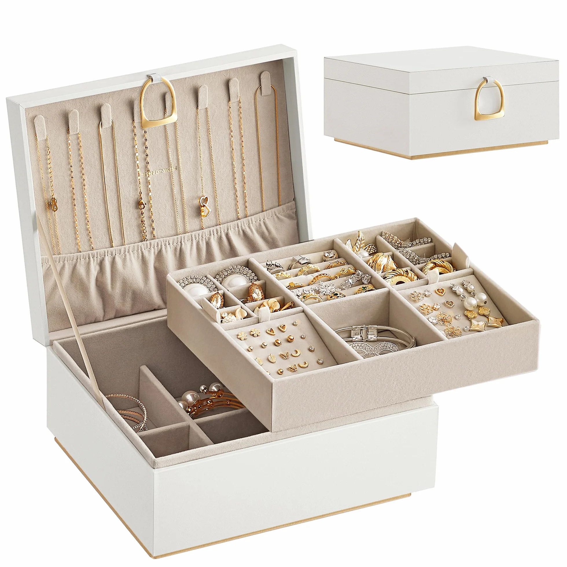 SONGMICS Joyero 2 Capas, Bandeja Flexible para Joyas, Efecto Flotante, 20,5 x 24 x 11 cm, Blanco