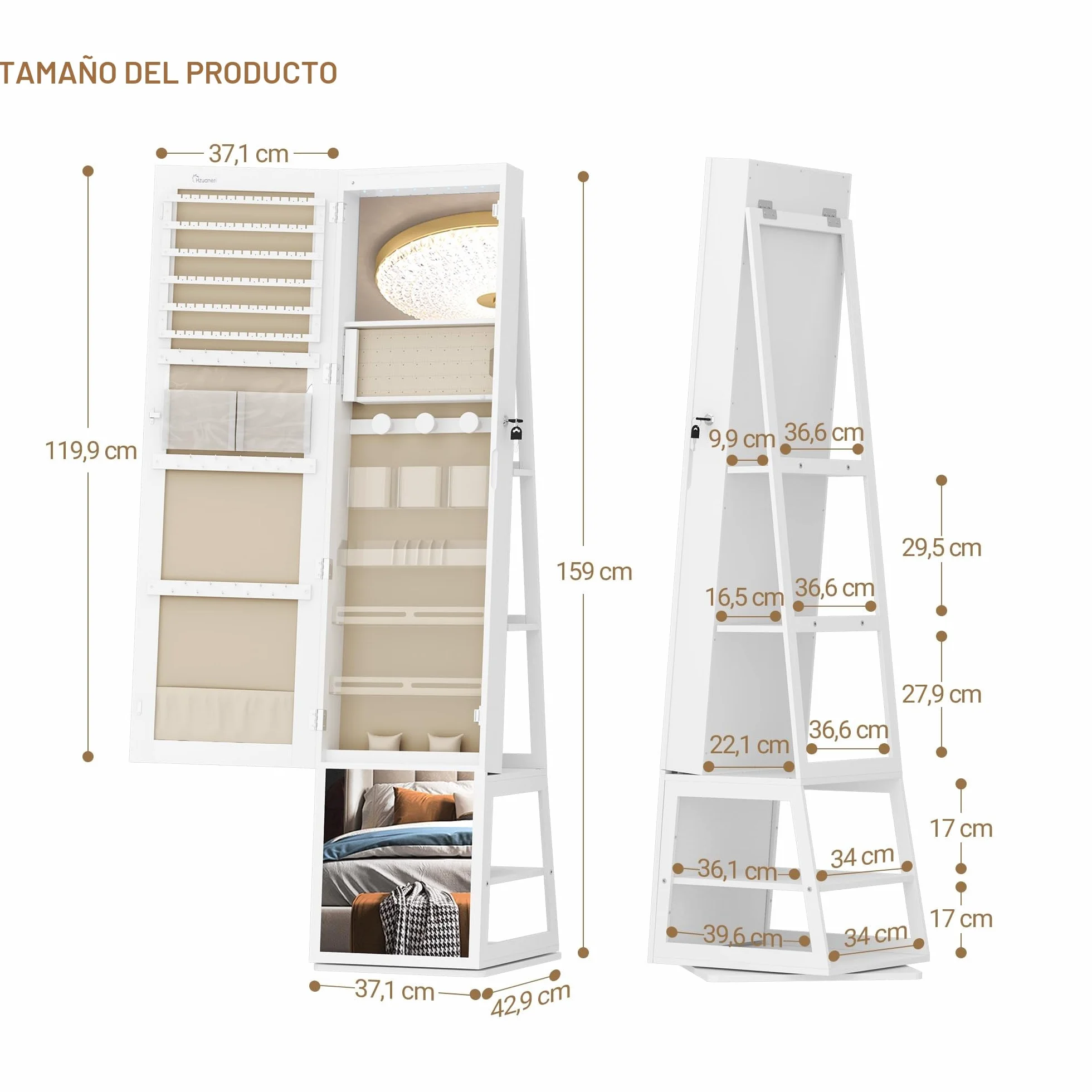 Espejo Joyero con 8 LEDs y Giro 360°, Armario de Almacenaje Blanco Beige