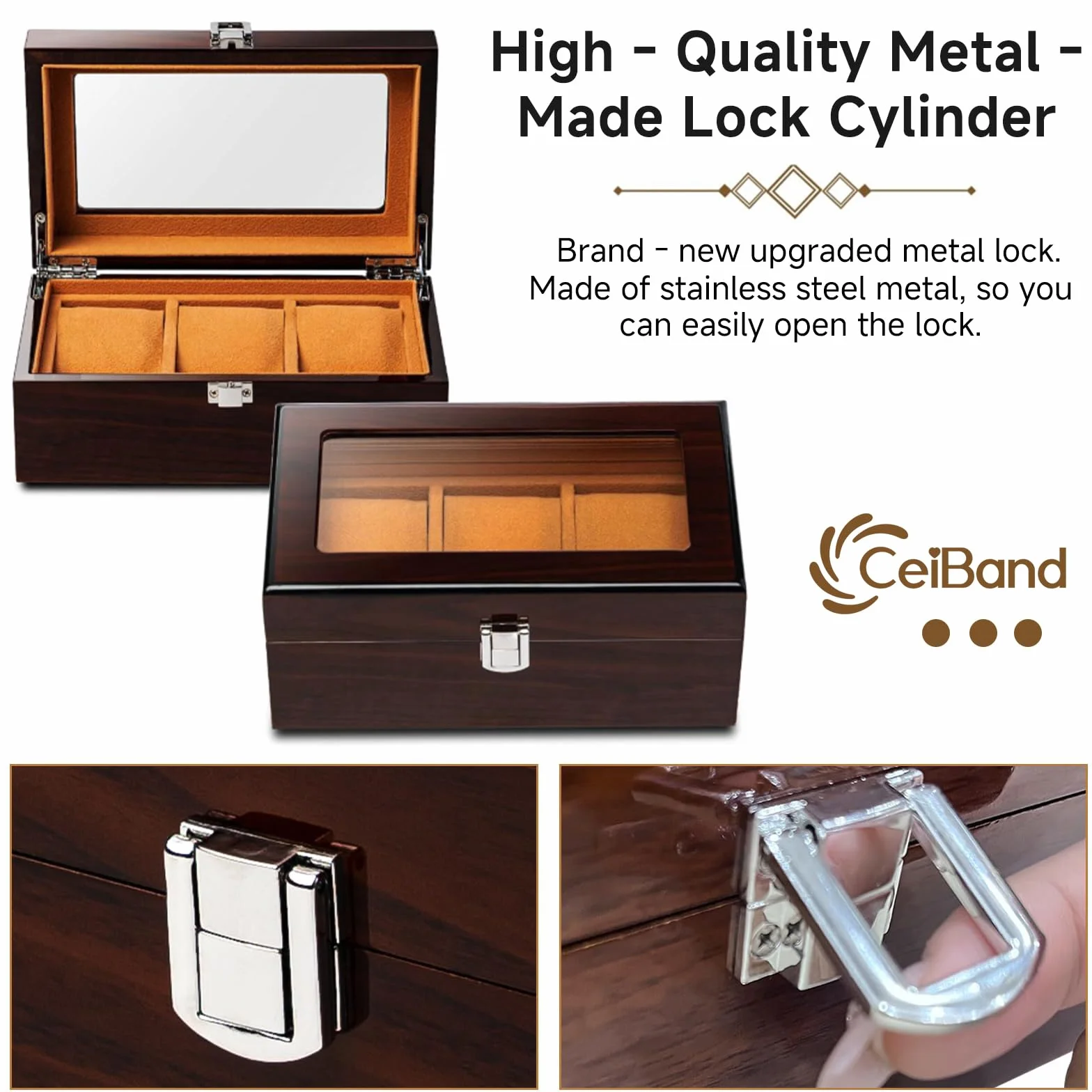 Caja de Relojes de Madera con 3 Compartimentos, Tapa de Cristal, Cierre Metálico, Almohadas Extraíbles, Marrón Rojo