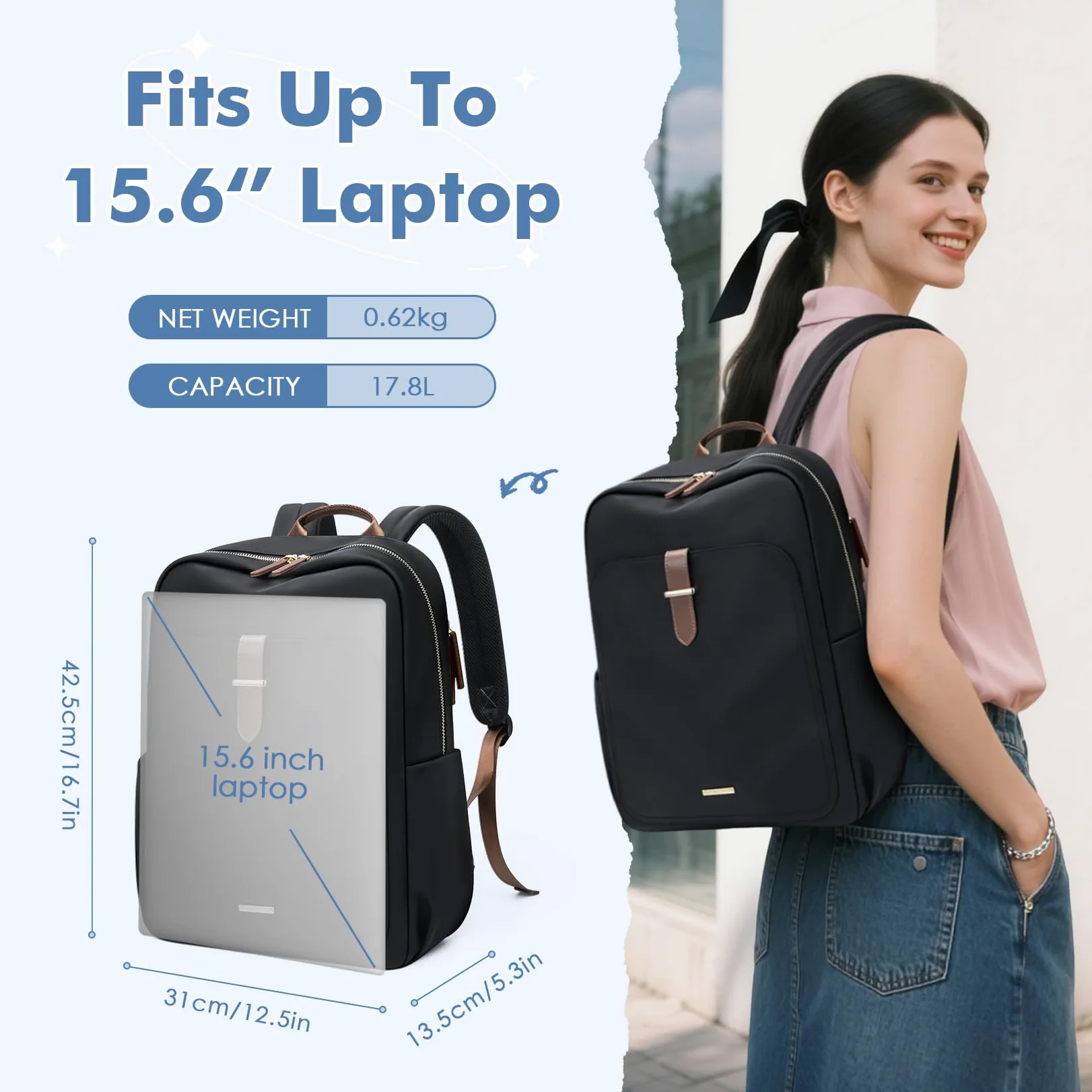 Mochila Portátil 15.6 Pulgadas para Mujer, Mochila Elegante y Casual Multifuncional, Impermeable para Trabajo, Universidad, Viajes y Uso Diario,Nergo