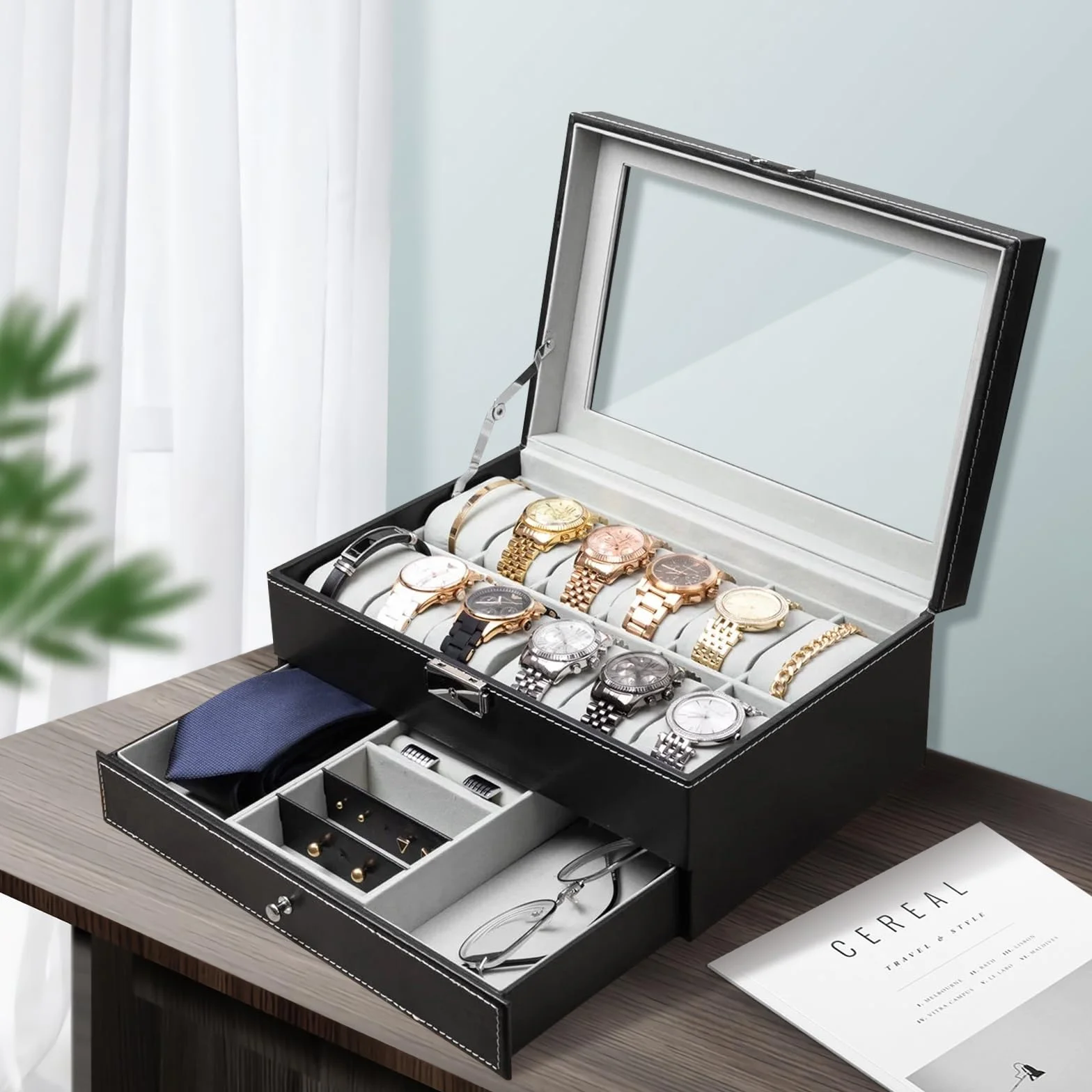 Caja de almacenamiento para relojes con tapa de cristal