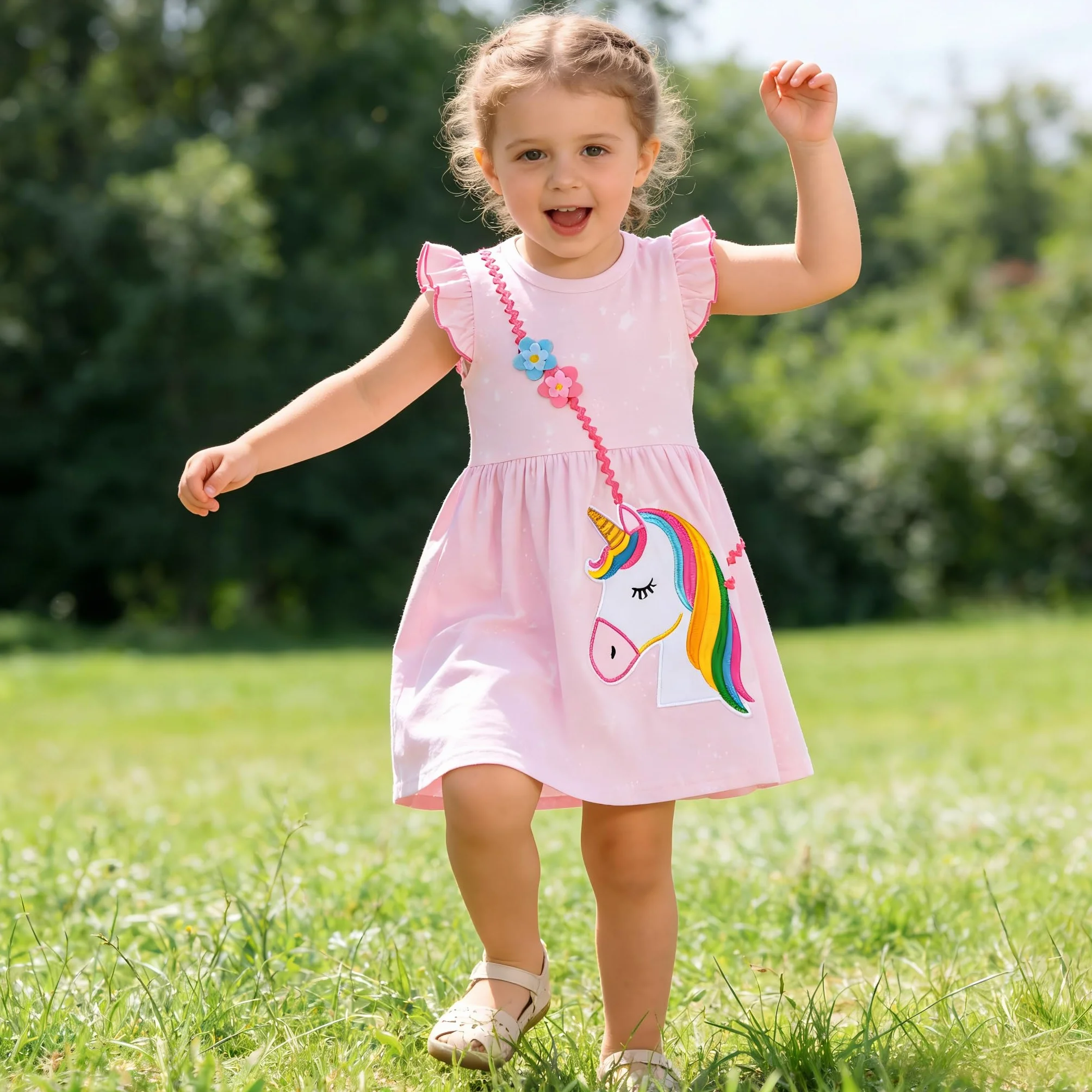 Vestido Niña Unicornio Manga Algodón Flores Verano Casual 2-8 Años