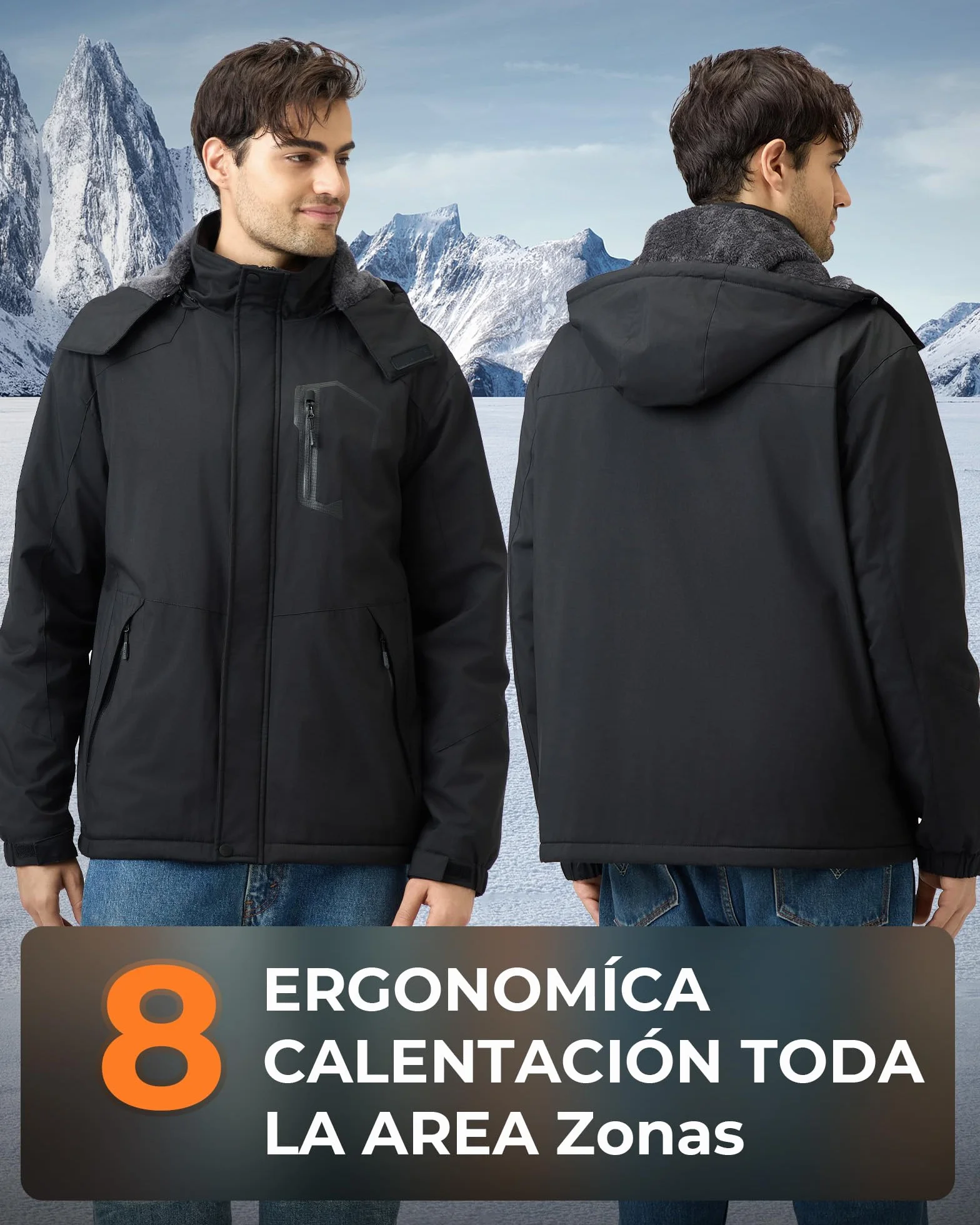 Chaqueta Calefactable Hombre 12V 18400mAh 8 Zonas Calentamiento 3 Niveles Temperatura Capucha Extraíble Negro XL