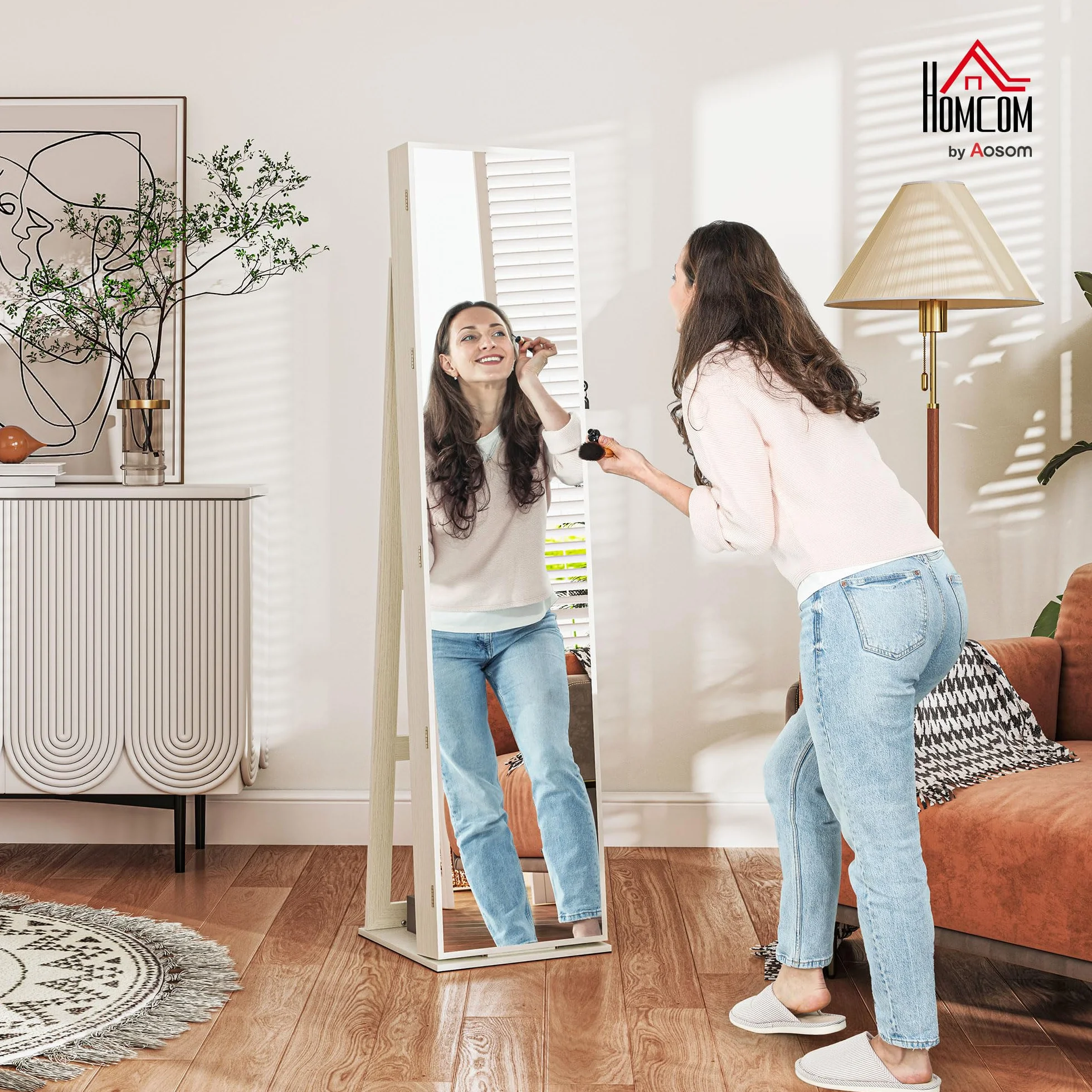 HOMCOM Espejo Joyero de Pie con Luces LED y Cerradura Armario de Joyas Blanco Veta Madera