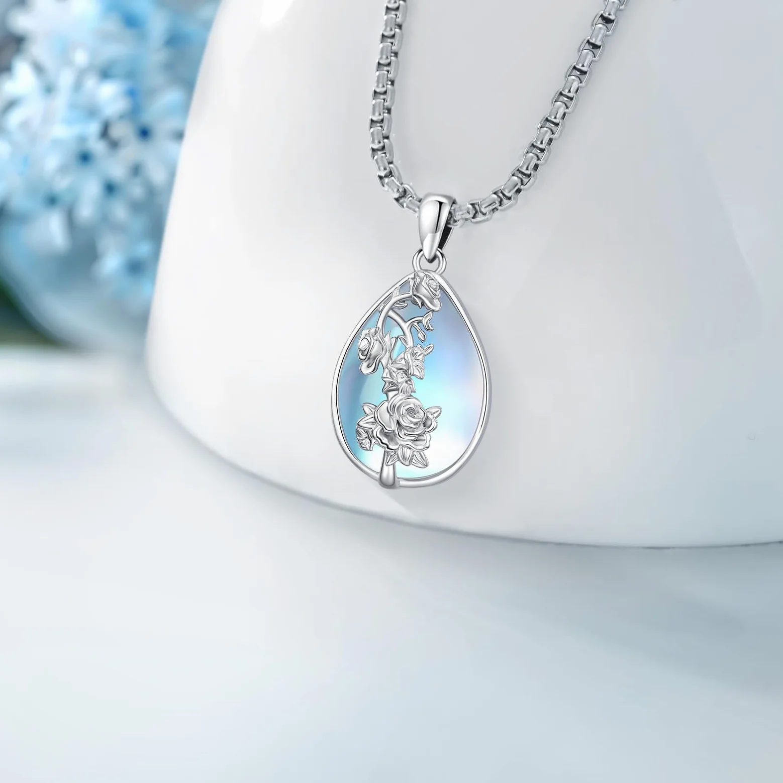 Eusense Collar Piedra Lunar, Turquesa, Amatista y Lapislázuli de Lágrima con Diseño de Rosa Regalo para Mujer, para San Valentín, Dia de la Madre, Aniversario o Cumpleaños
