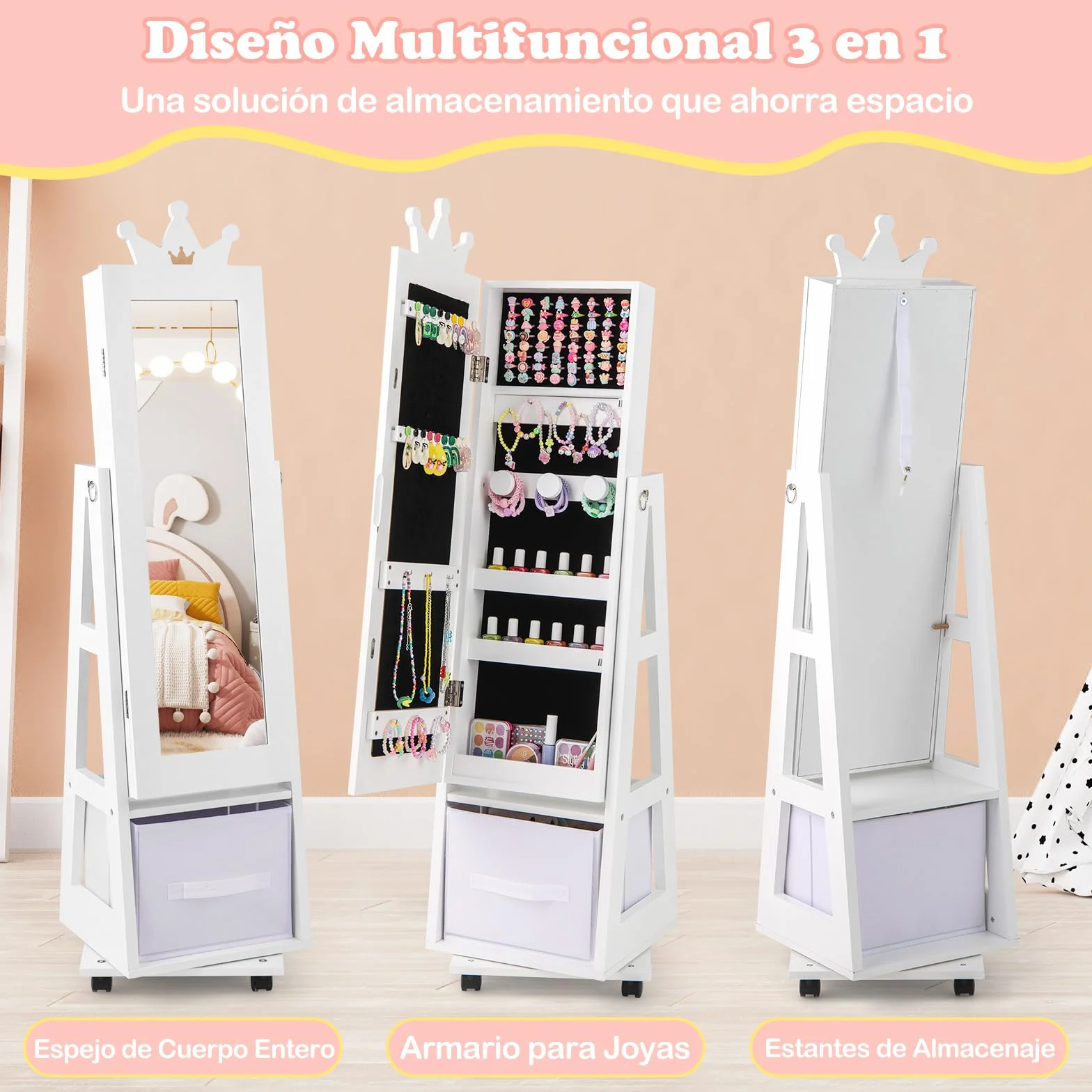 COSTWAY Armario Joyero para Niñas con Espejo de Cuerpo Completo y Base Giratoria, Blanco
