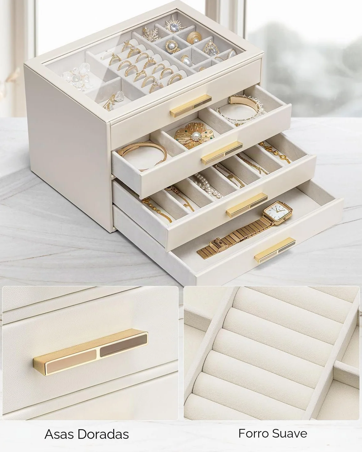 Vlando Joyero Grande Cinderella Plus con 4 Cajones y Tapa de Cristal Beige