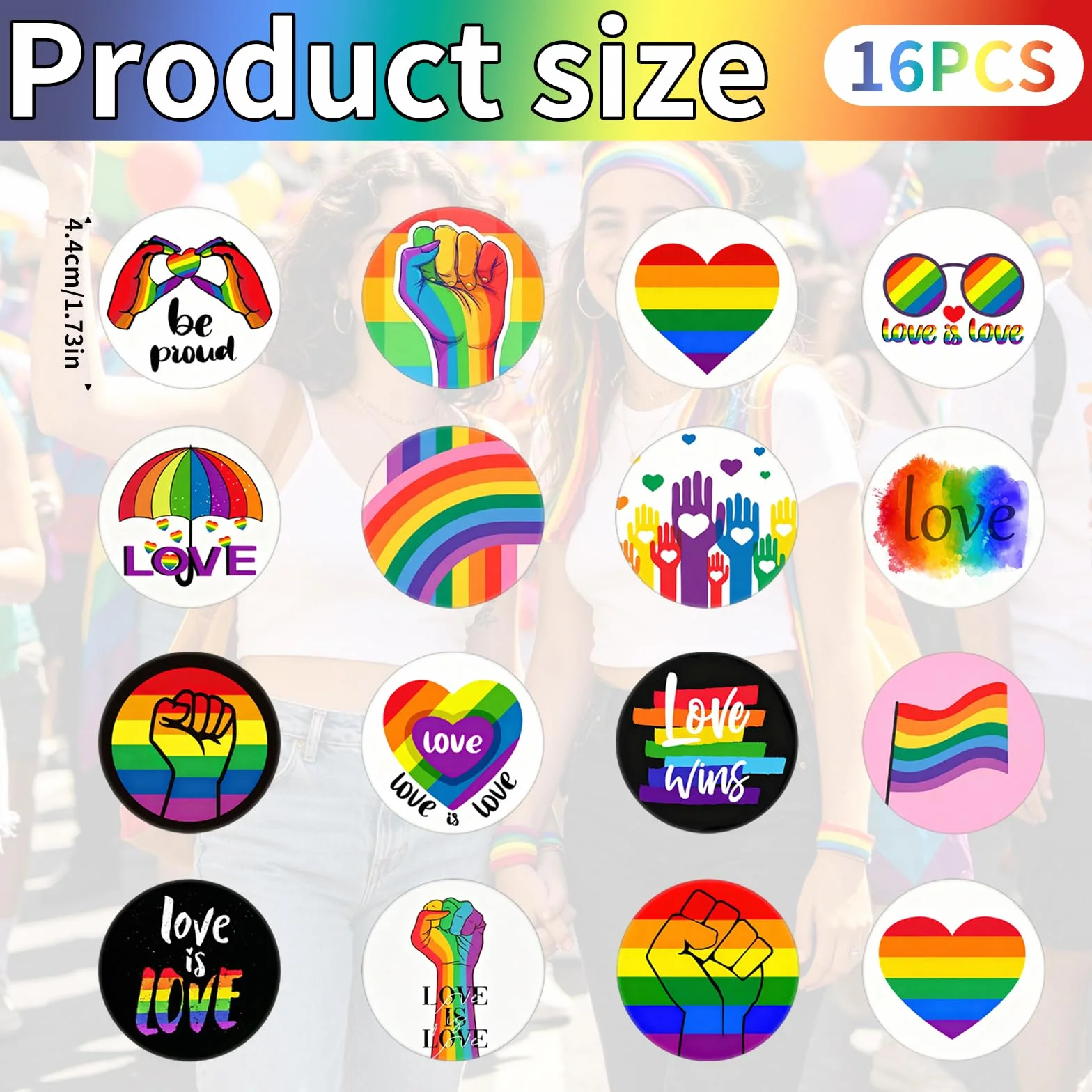 Insignias LGBTQ 16 Piezas 44MM, Pines Acero Inoxidable Puño Arcoíris, Set Broches Pride para Ropa