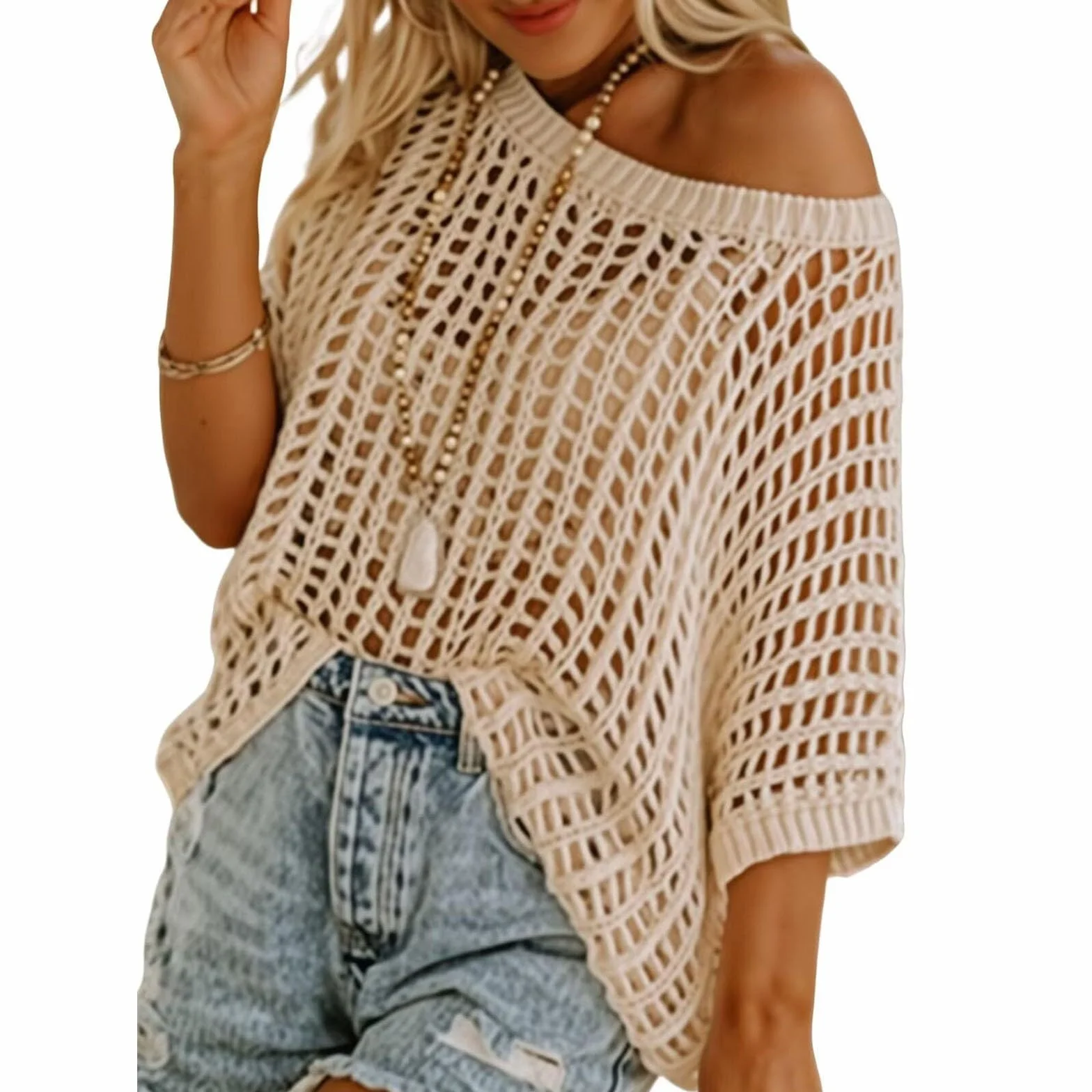 Top Mujer Ganchillo Cuello Redondo Cover Up Rejilla Chic Camiseta Punto Casual Blusa Suéter de Manga Corta con Cuello Redondo para Mujer, Tops de Punto calados de Ganchillo Informales