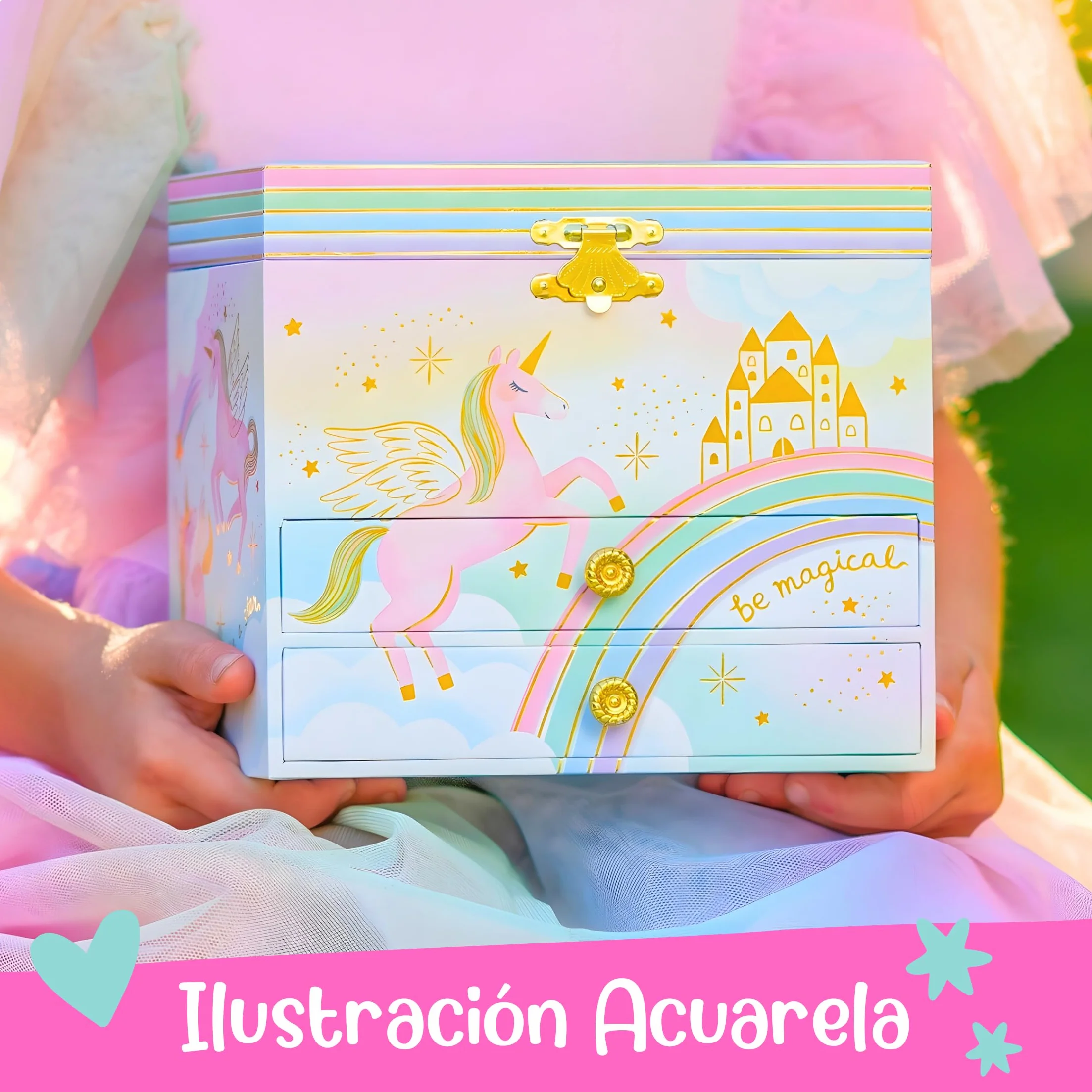 Giggle & Honey Joyero Musical Grande de Unicornio con Dos Cajones para Niñas - Caja de Música Infantil con Espejo