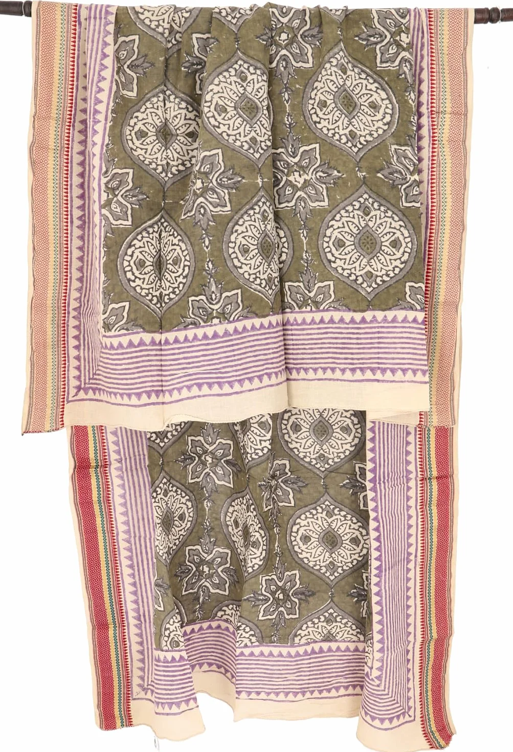 Pareo bufanda ligera de algodón estampada a mano 190x120 cm verde oliva rosa