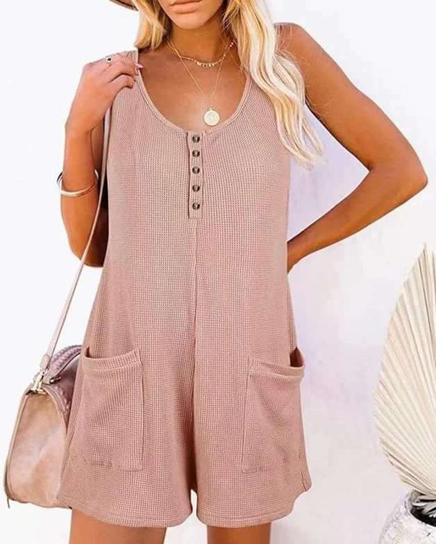 Mono Mujer Verano Sin Mangas Cuello en V Jumpsuit Corto Casual Sueltos Elegante Pierna Ancha Botones Bolsillos Playa