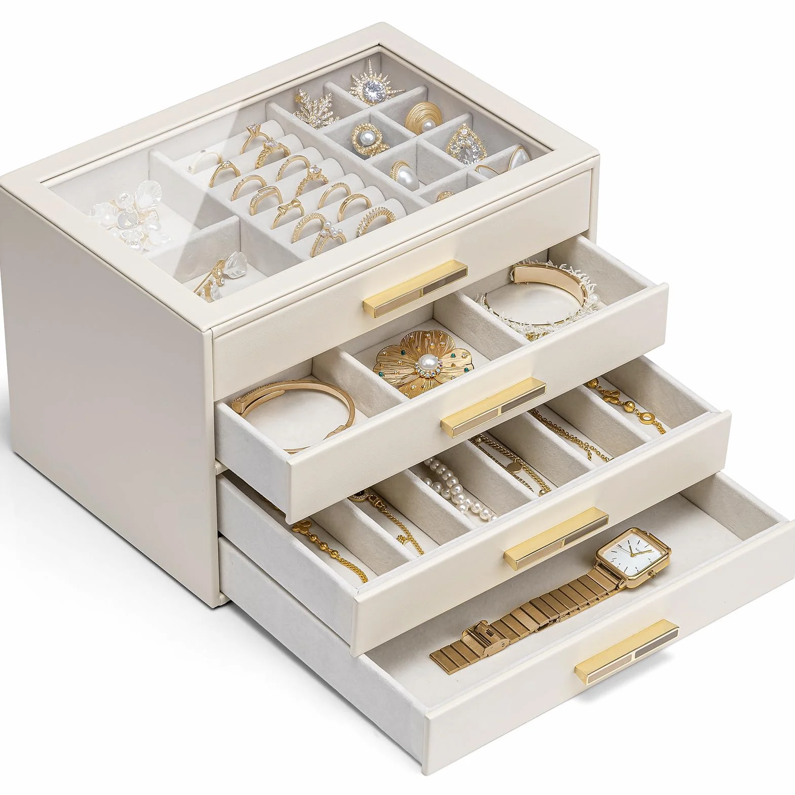 Vlando Joyero Grande Cinderella Plus con 4 Cajones y Tapa de Cristal Beige