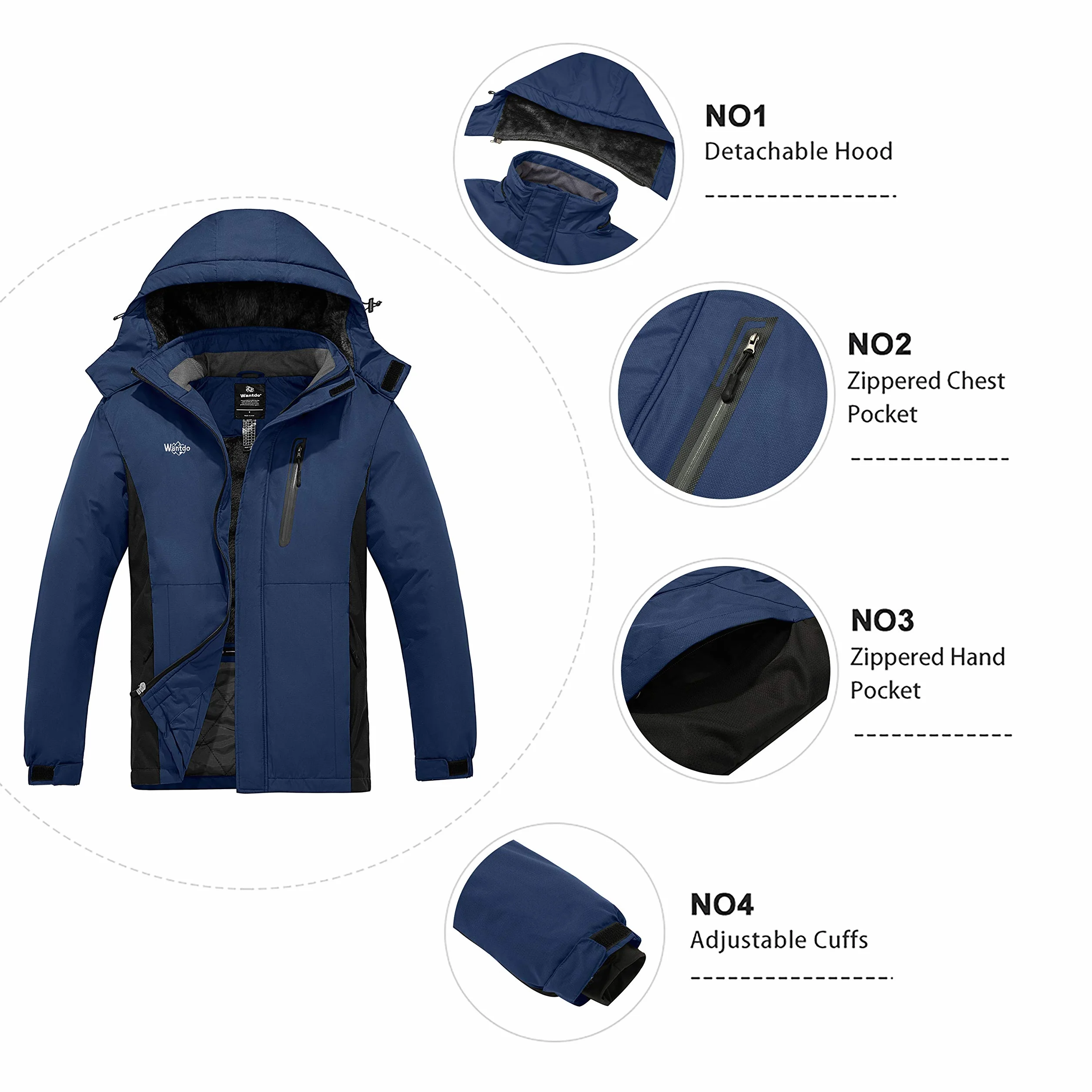Wantdo Chaqueta de Esquí Impermeable Montaña Aislada con Vellón Cálida Invierno Snowboard Parka Nieve Capucha Hombre Azul Oscuro Large