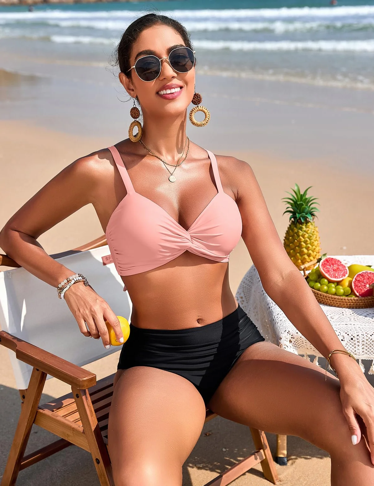 Nadeer Traje de Baño Sexy Push Up Cuello en V Dos Piezas Twist Front Bikini Control de Vientre Cintura Alta Ropa de Playa