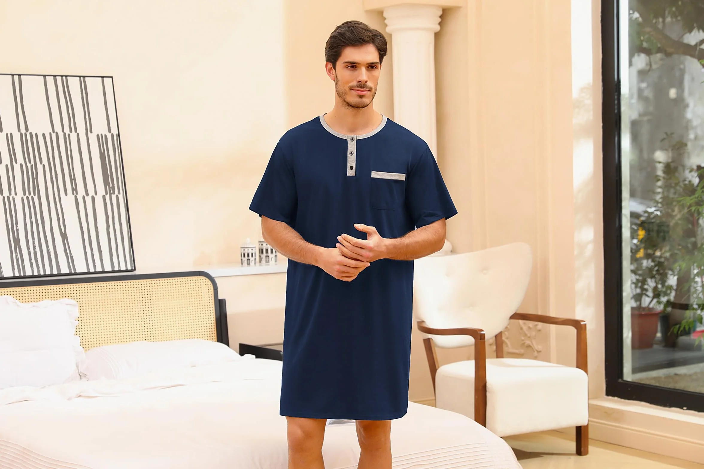 Uniexcosm Camisa de Dormir para Hombre Pijama Manga Corta de Algodón