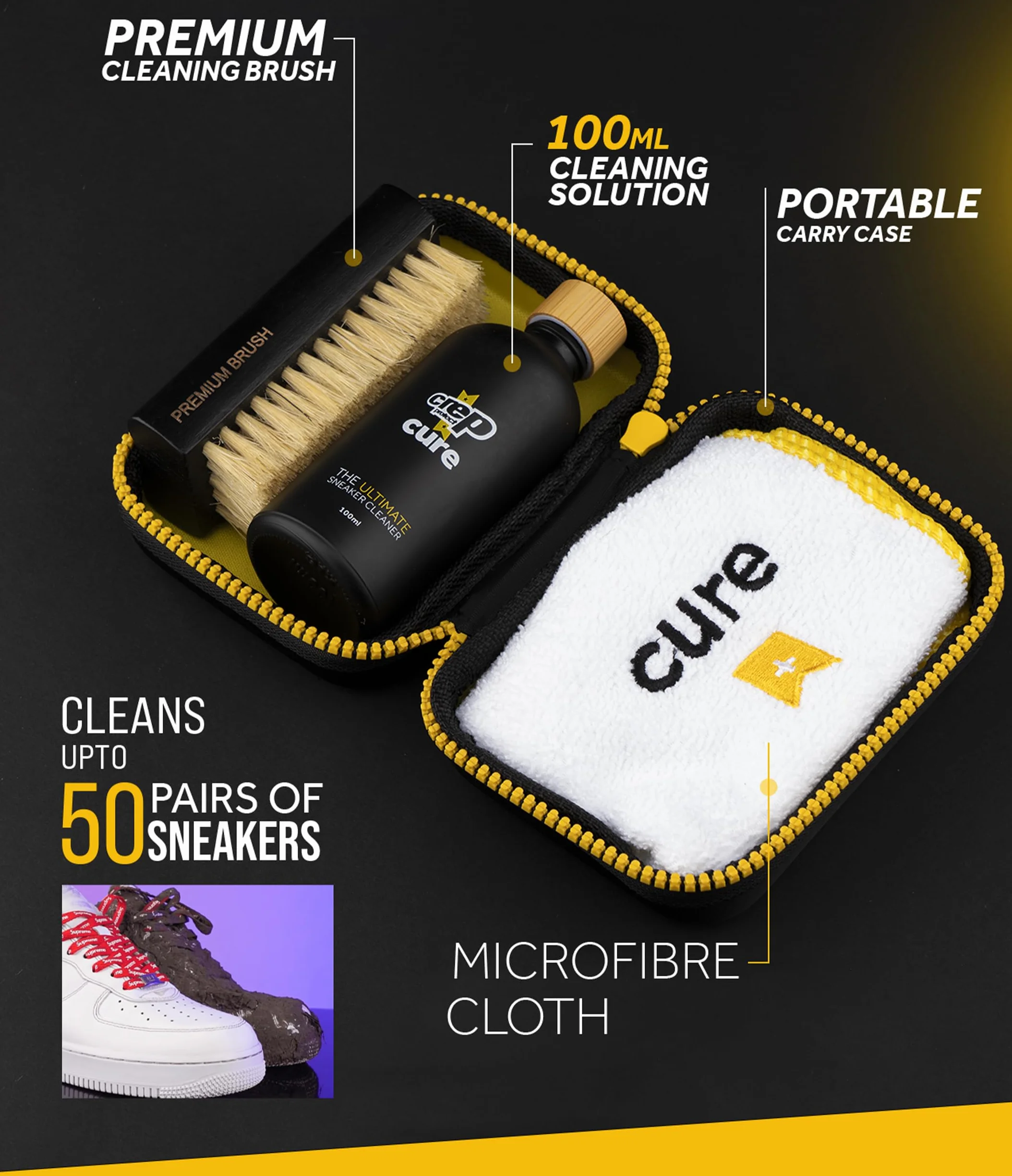Crep Protect CURE Kit limpieza zapatillas premium cepillo solución 100ml paño microfibra bolsa