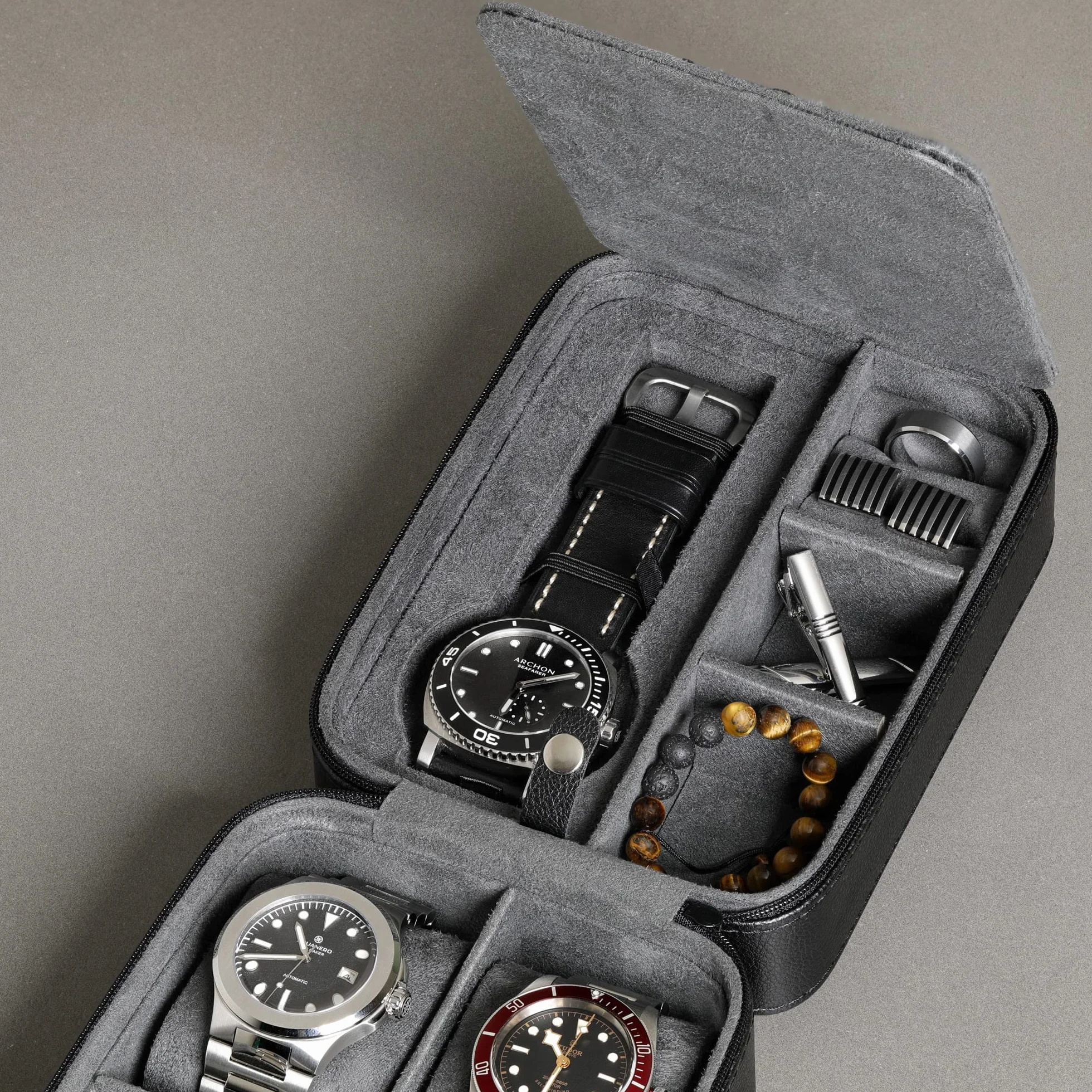 ROTHWELL Estuche organizador de viaje para 5 relojes, resistente, portátil, con cremallera, hasta 50 mm