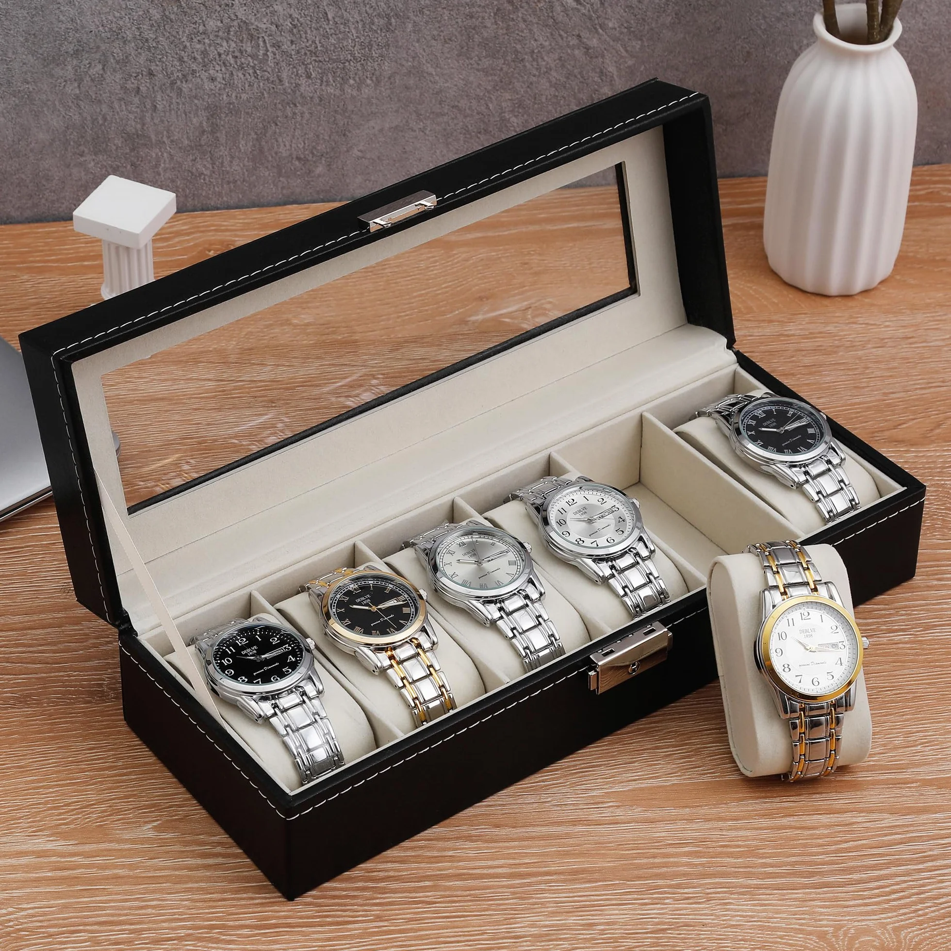 Nuangoo Estuche de Relojes con Cerradura y Tapa de Cristal