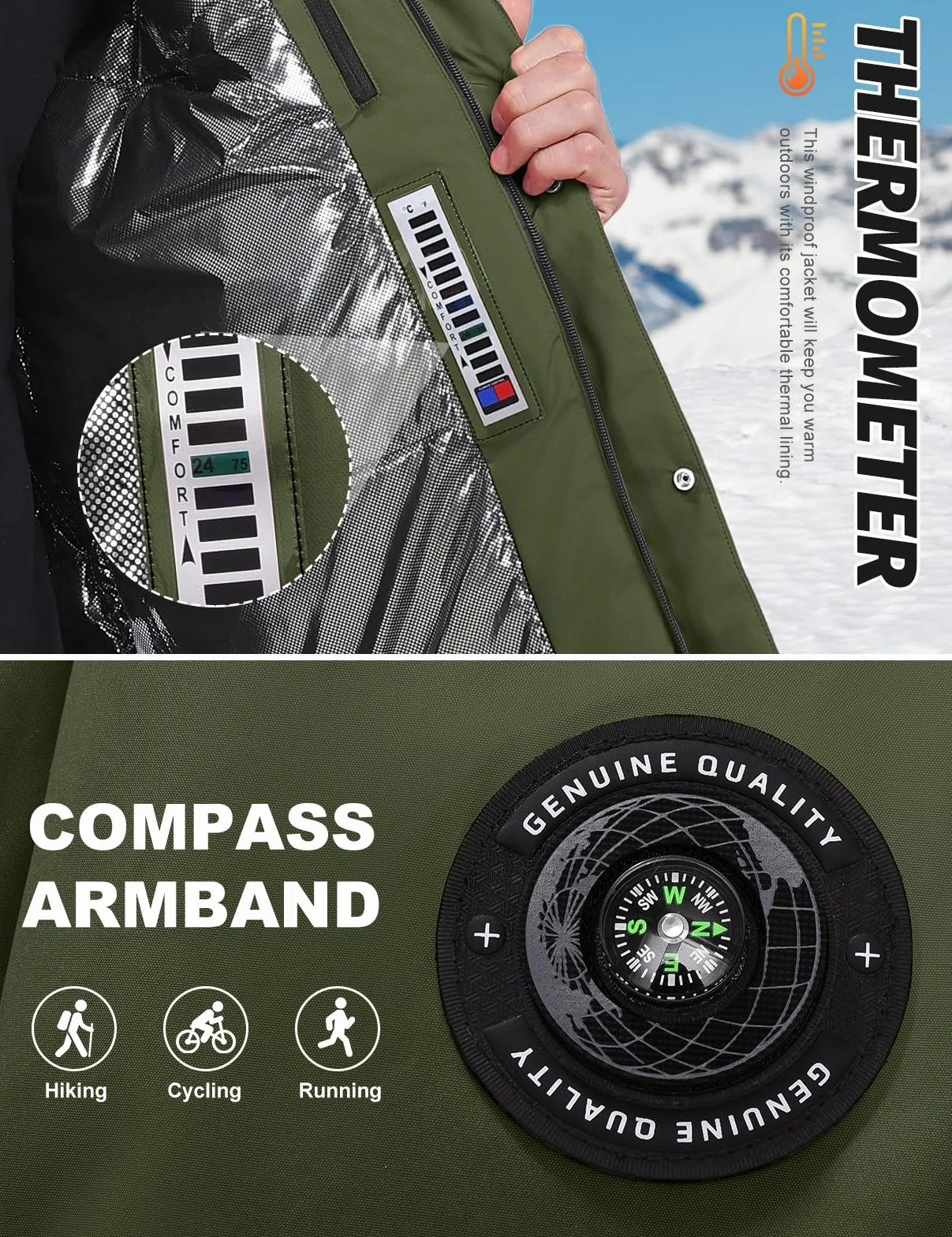 Voqeen Chaqueta de Esqui Hombre Impermeable Cazadora Cálida Aire Libre Térmica Capucha Desmontable Antiviento