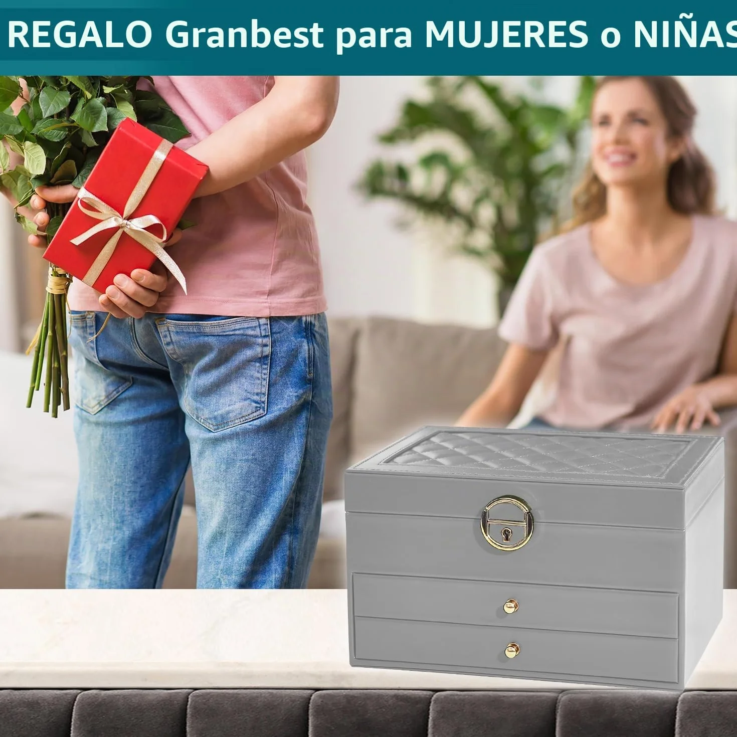 Granbest Joyero de 3 niveles con 2 cajones, caja de joyería de cuero para collares, pulseras, anillos y pendientes (gris)