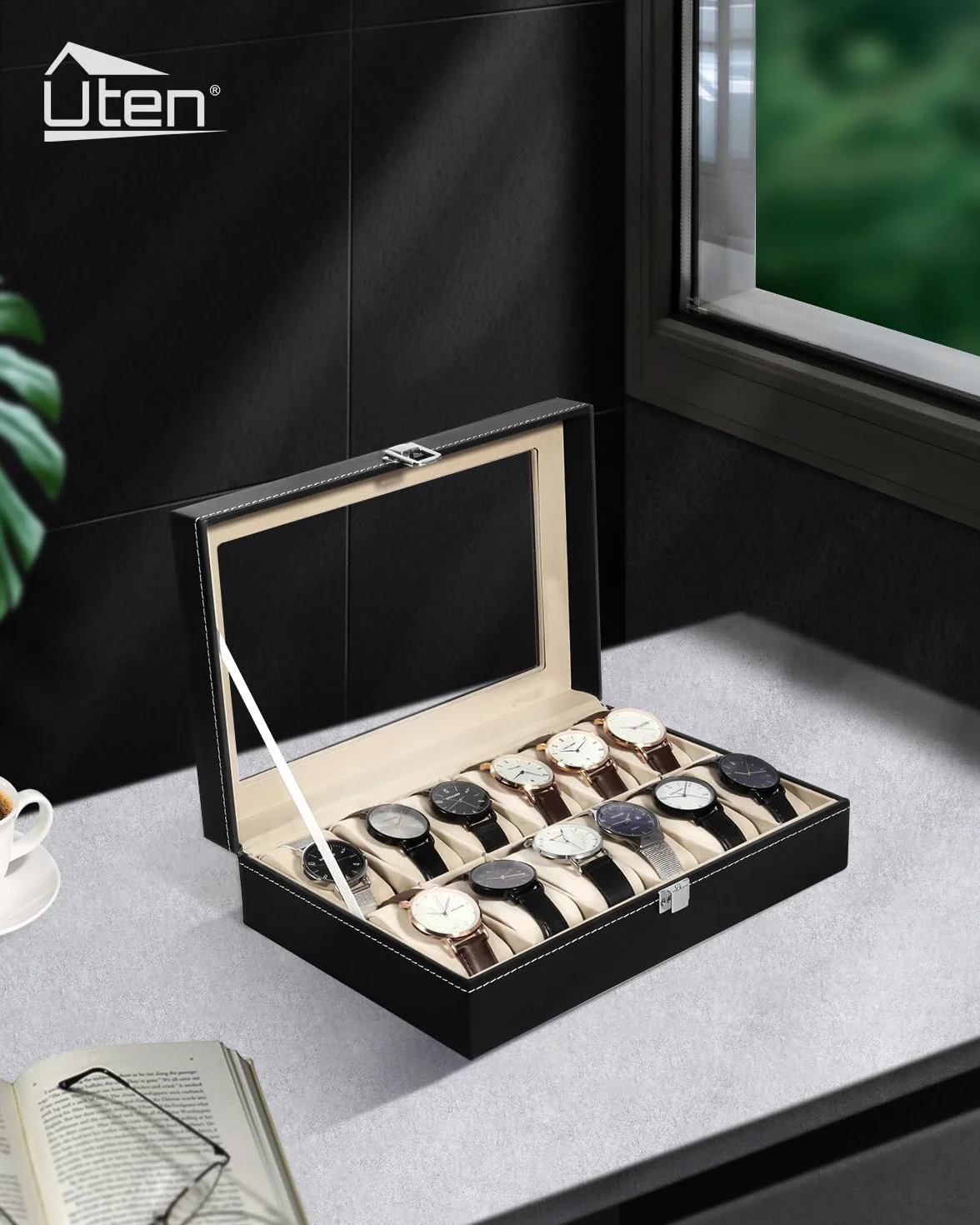 Uten Estuche para Relojes y Joyeros con 12 Rejillas, Forro de Terciopelo, Cubierta de Cristal