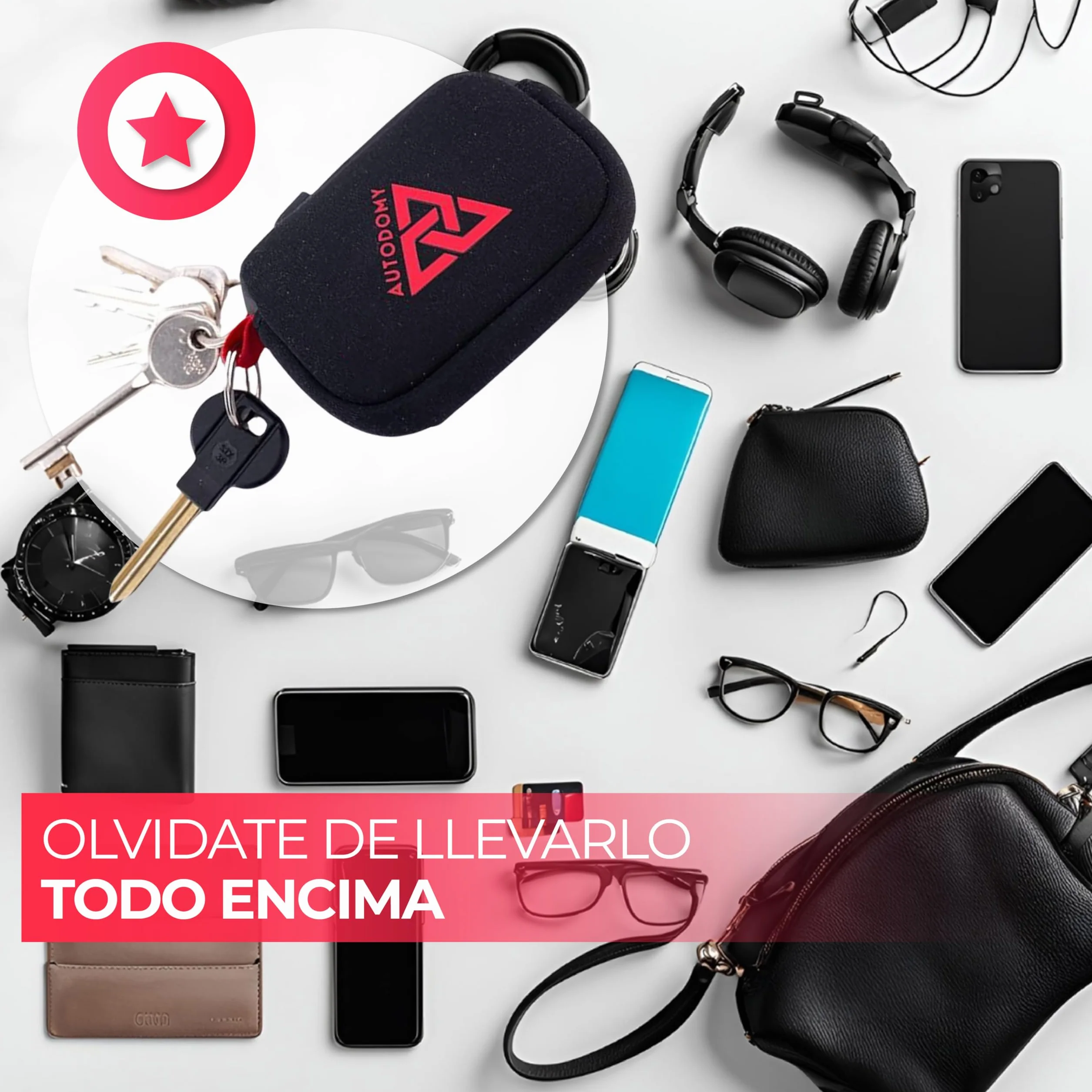 Autodomy Llavero para Moto Impermeable Neopreno Negro Rojo Porta Llaves con Anilla Mosquetón