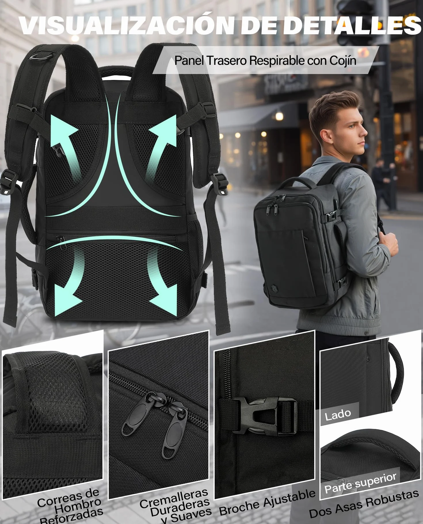 VANKEV Mochila Viaje Cabina Avion 40x30x20 24L Equipaje Mano Bolso Portatil 15.6 Pulgadas NEGRO