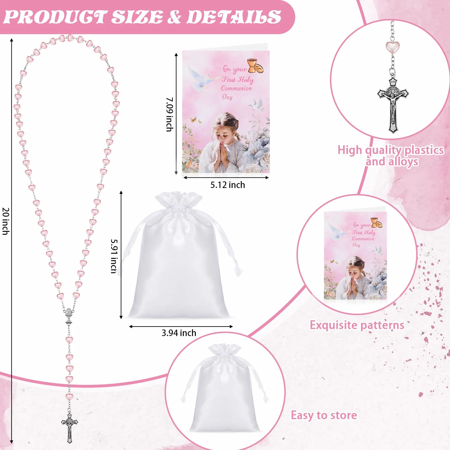 Sinmoe Set de 3 Rosario Corazón Primera Comunión con Tarjetas y Bolsa Cordón Collar Rosario Metálico Cruz Perlas Católicas para Niñas Niños Regalo Bautizo Rosa