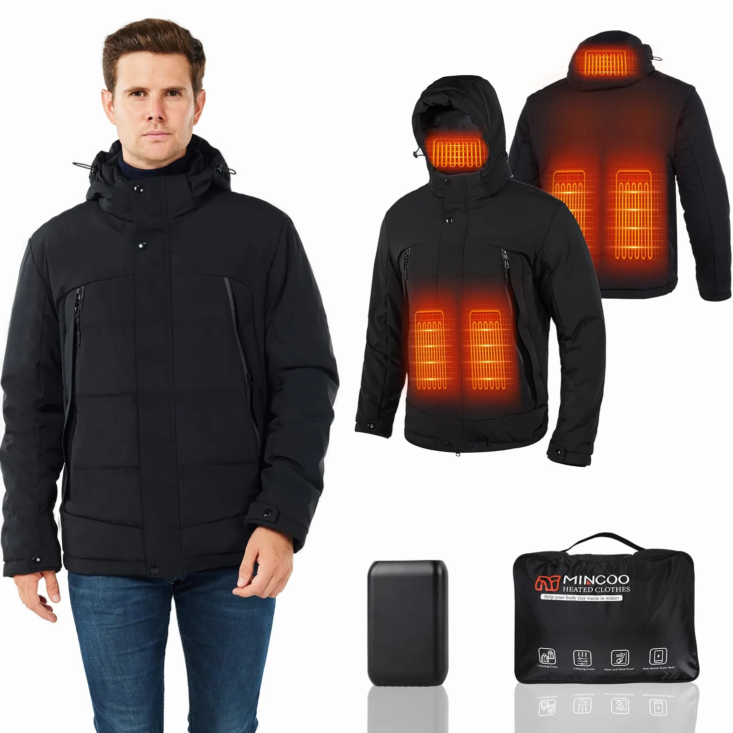 Chaqueta Calefactable Impermeable con Capucha para Hombre y Mujer Esquí Motocicleta S Negro