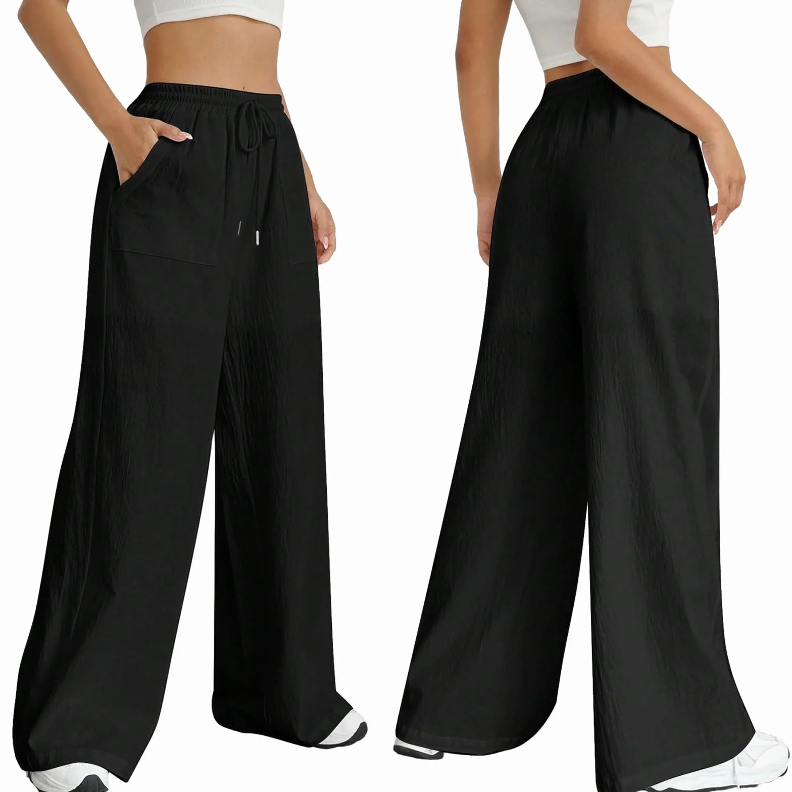 Nuofengkudu Verano Pantalones Mujer Anchos Bolsillos Cordón Ajustable Cintura Alta Ligeros Transpirables Largo Pantalon Pijama Yoga Pants