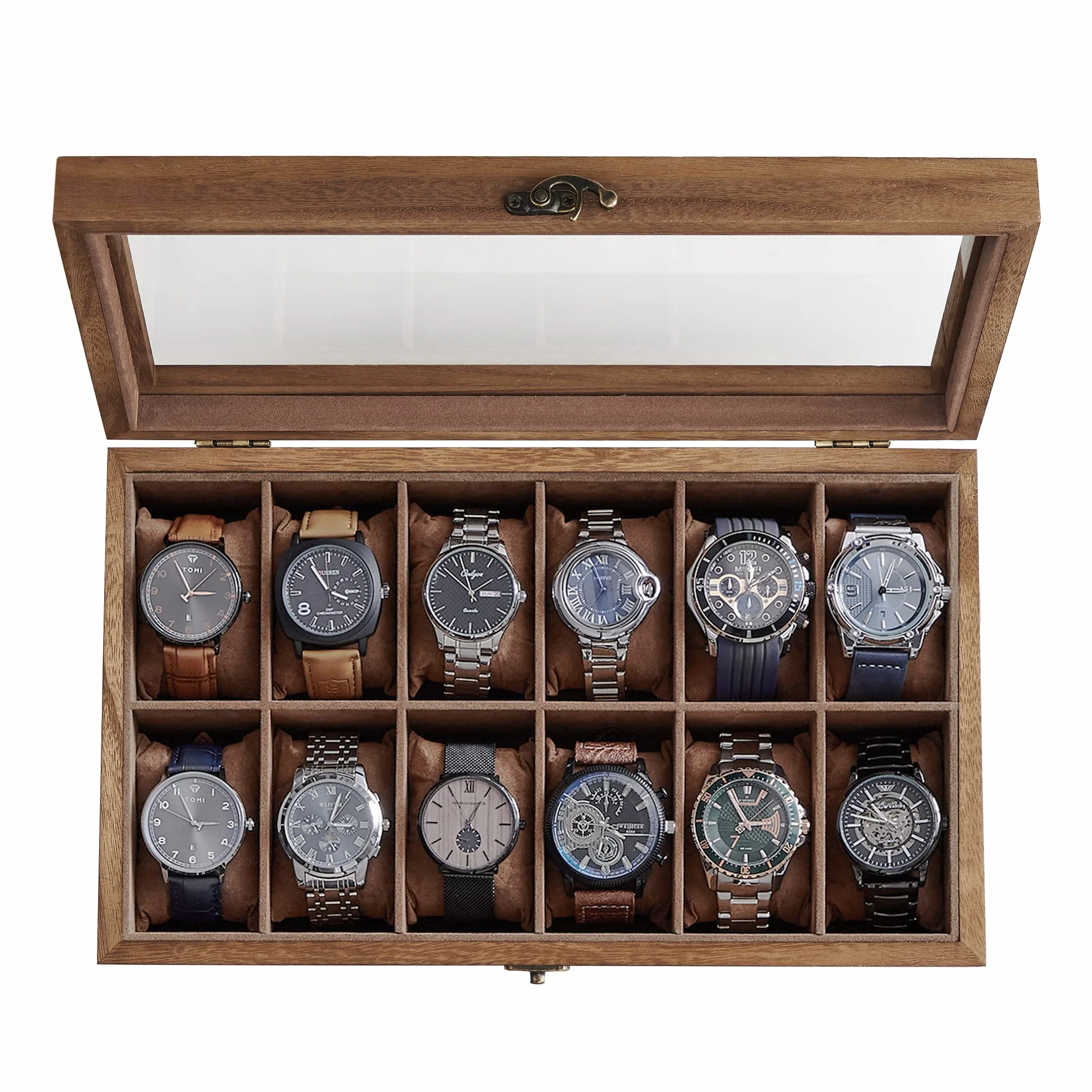SONGMICS Caja para Relojes 12 Compartimentos Madera Maciza Tapa Cristal Nogal Rústico JOW120K01