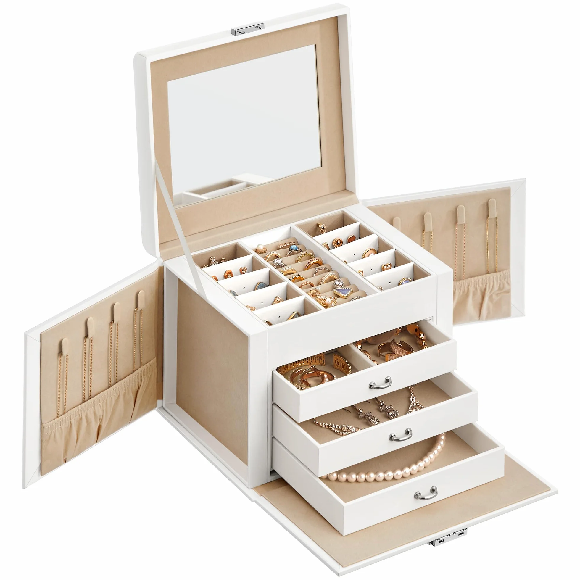 SONGMICS Caja Joyero de 4 Niveles con Asa, 3 Cajones, Espejo, Cerradura, Blanco Nube y Beige Arena JBC159W01