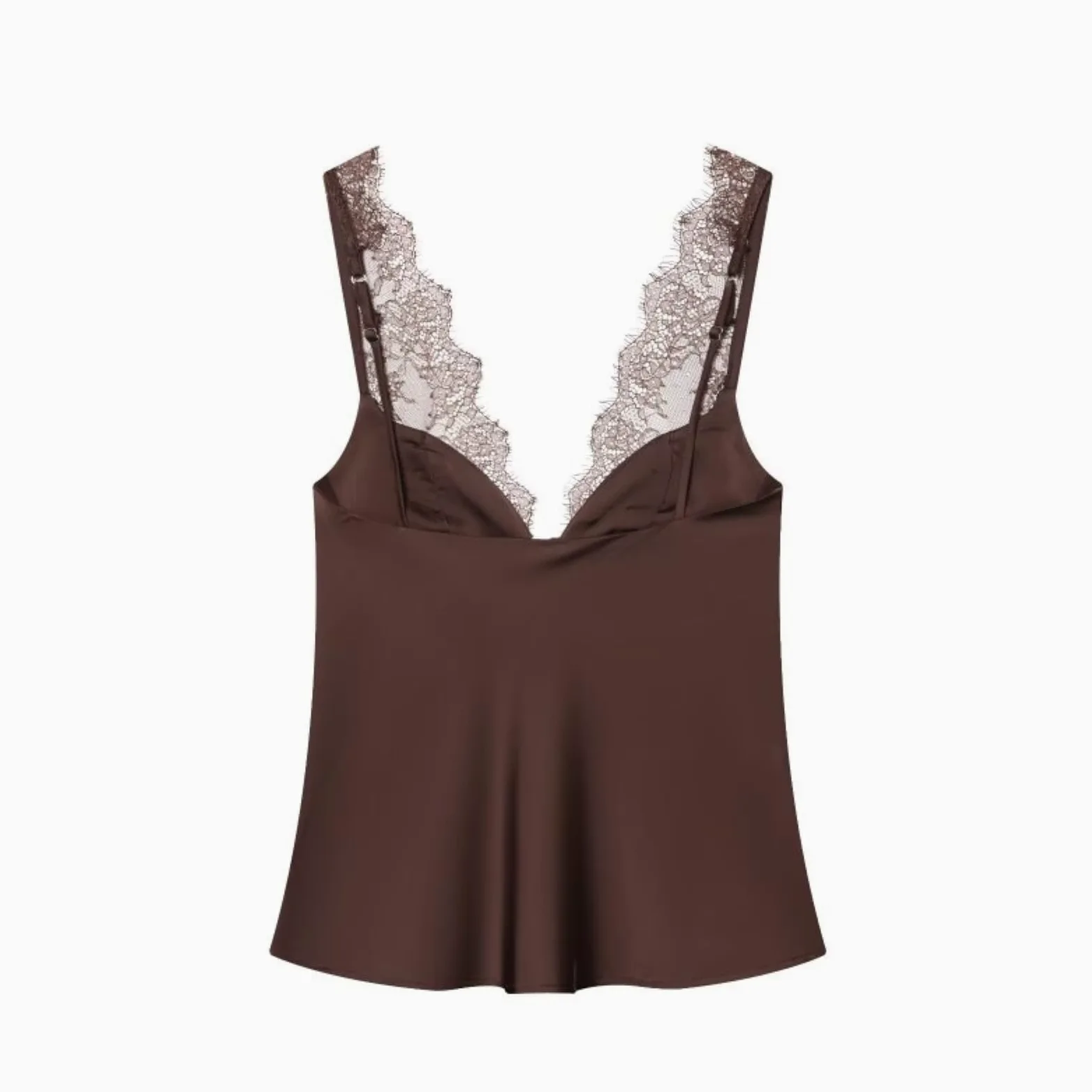 Chaleco de Mujer Camisola Encaje Satén Las Mujeres - Sexy Cuello En V Top Sin Mangas para El Verano, Fiesta Y Trajes Playa, Sensación Sedosa Cómoda-Coffee-m