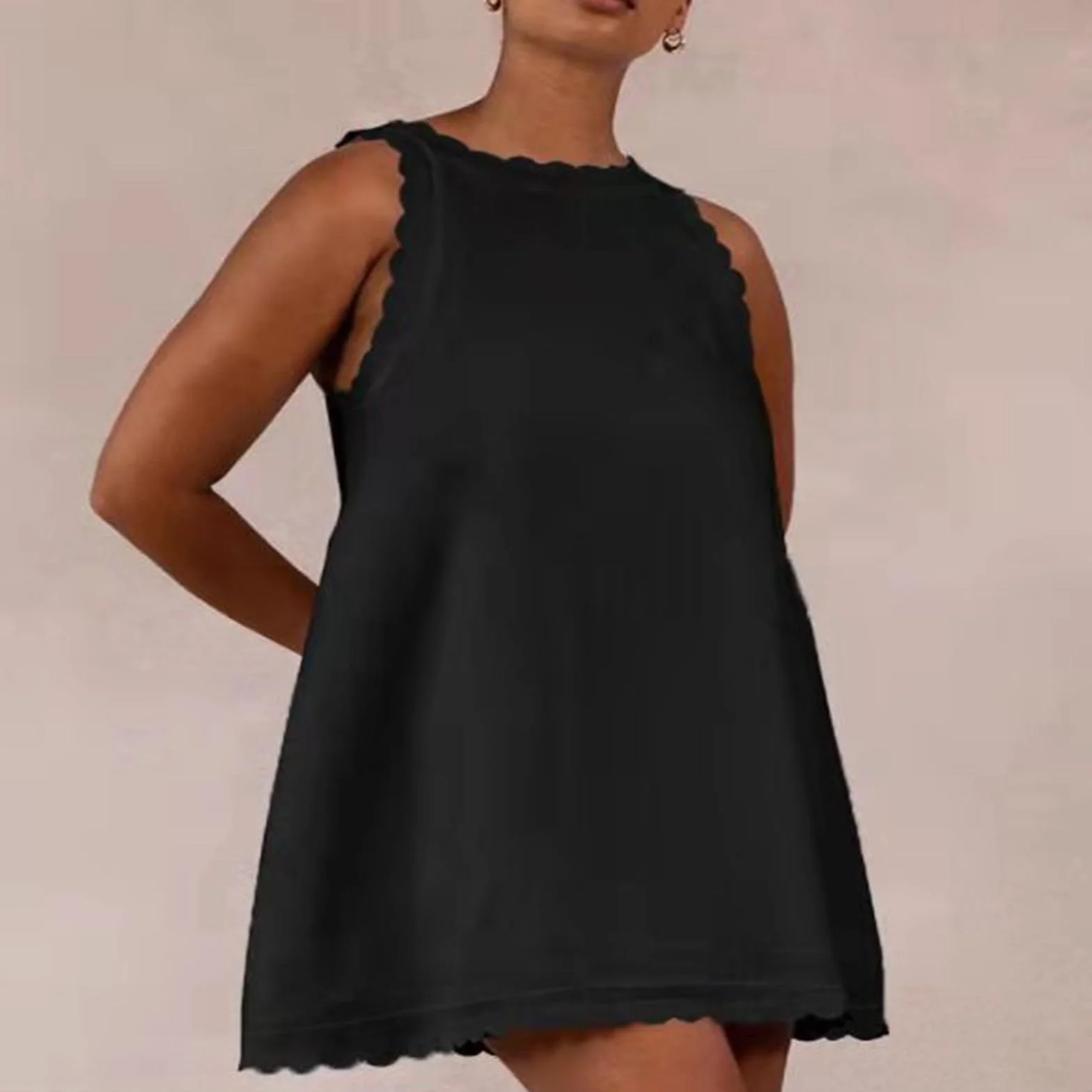 Vestido Playa Lino Elástico Escote V Festoneado Sin Mangas Cremallera Trasera