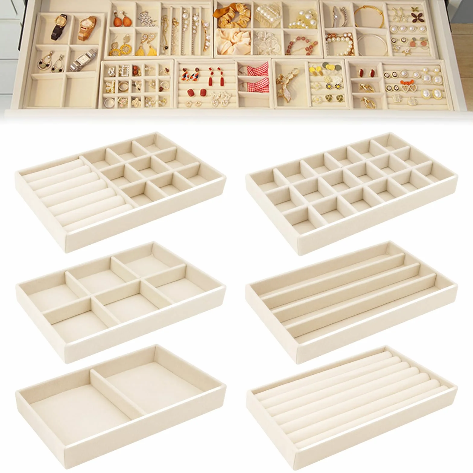 SUKARNE 6 bandejas para joyas, terciopelo para cajones, organizador de joyas apilable, cajón de almacenamiento para pendientes, anillos, pulseras, broches, collares (beige)