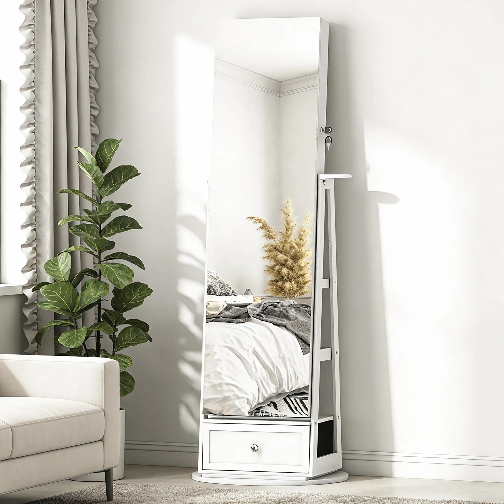HOMCOM Armario Joyero de Pie con Luces LED, Espejo Cuero Entero, Soporte para Secador, Giratorio 360°, Cajón, Cerradura, Blanco y Beige