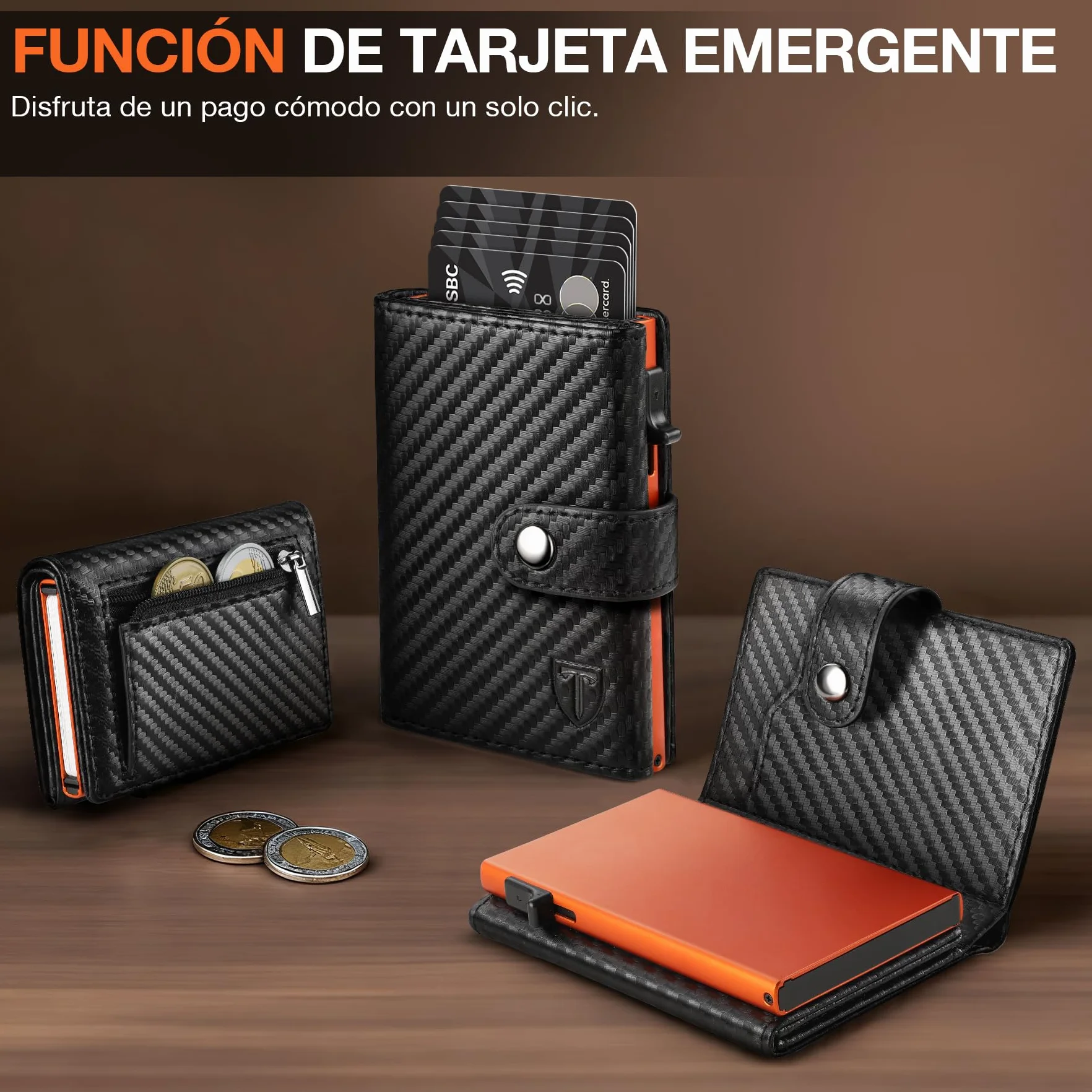 TENBST Cartera Hombre Fibra de Carbono RFID Bloqueo Negro-Naranja