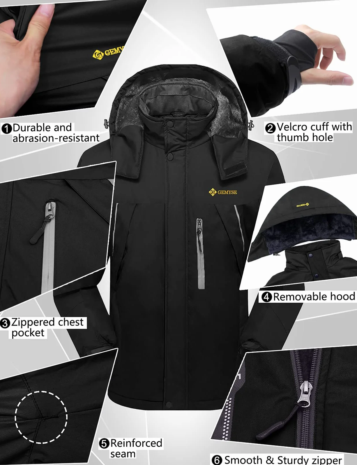 GEMYSE Chaqueta de Esquí Impermeable Hombre Abrigo Invierno Antiviento Capucha