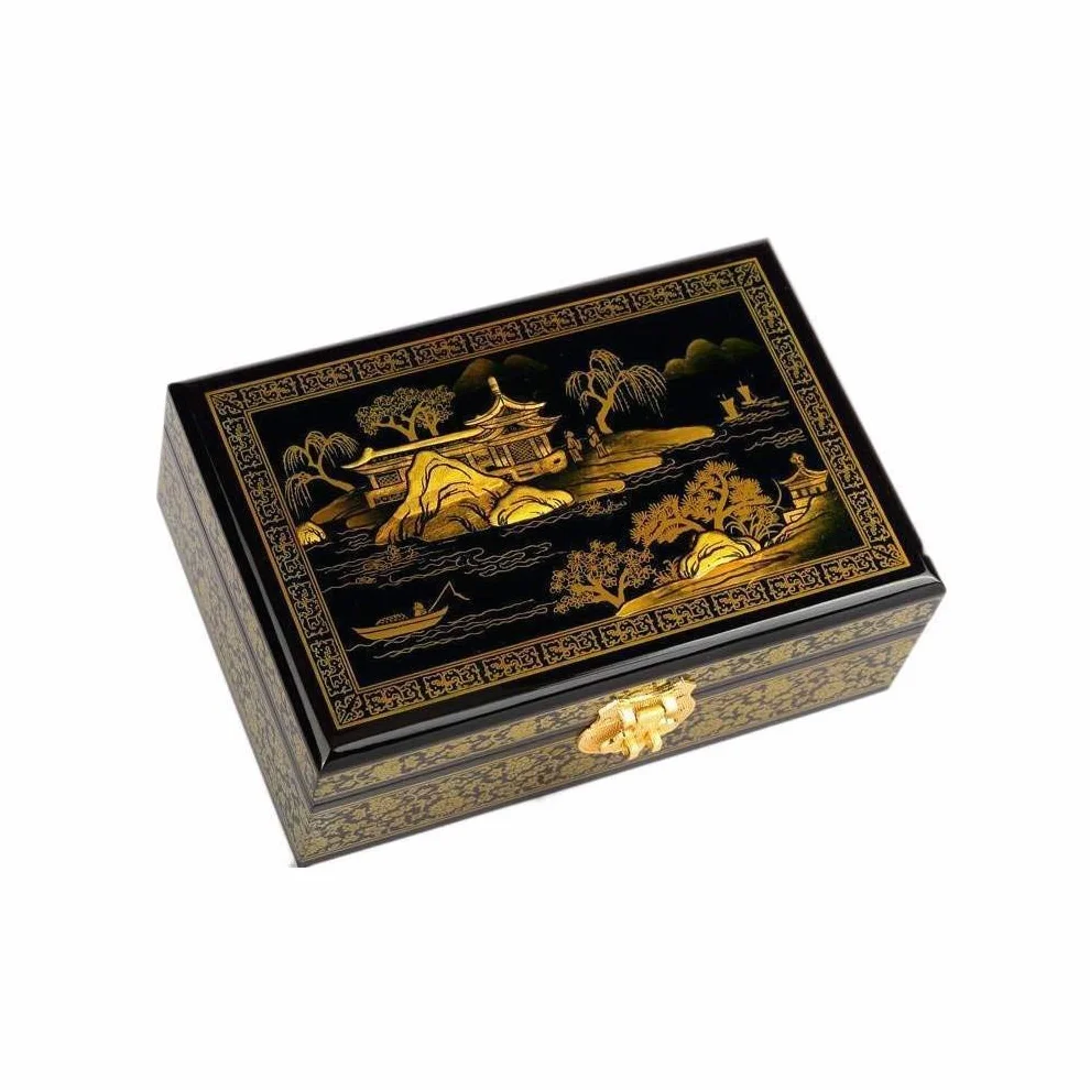 Joyero Paisaje chino Pekín Beijing Caja de almacenamiento de joyas madera lacada Negro oro dorado Decoración asiática