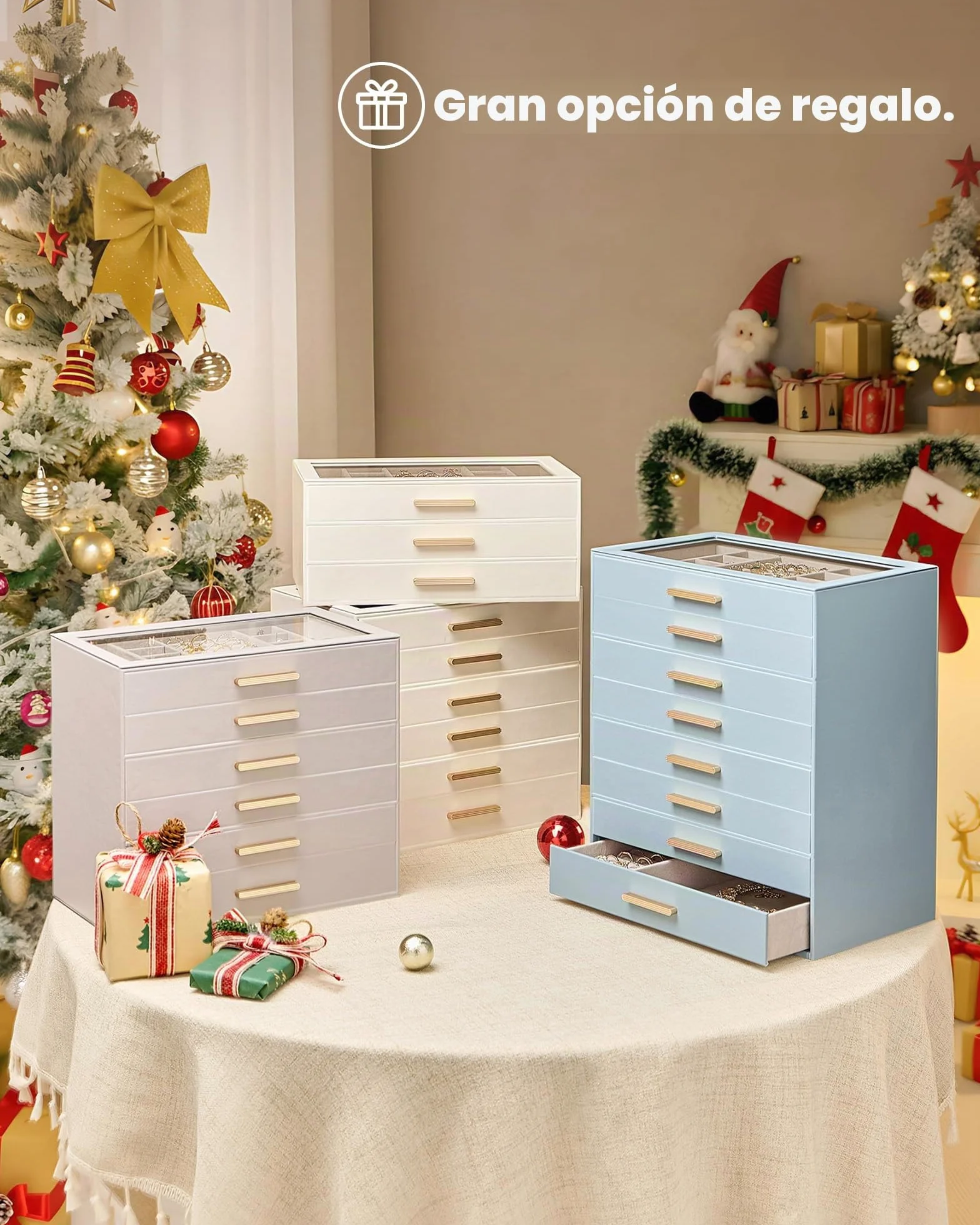 Caja Organizadora de Joyas 4 Niveles con Tapa de Vidrio, Joyero para Anillos Pendientes Pulseras Collares, Estuche Almacenamiento Mujer, Beige