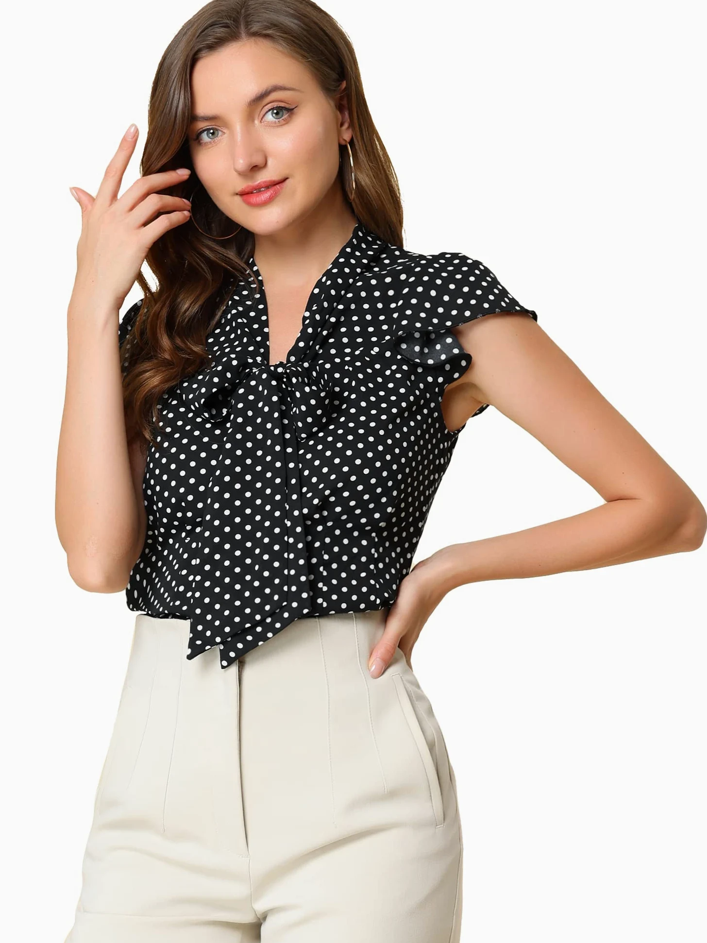 Allegra K Camisa con Lunares para Mujer, Blusa con Cuello de Lazo Y Manga con Volantes