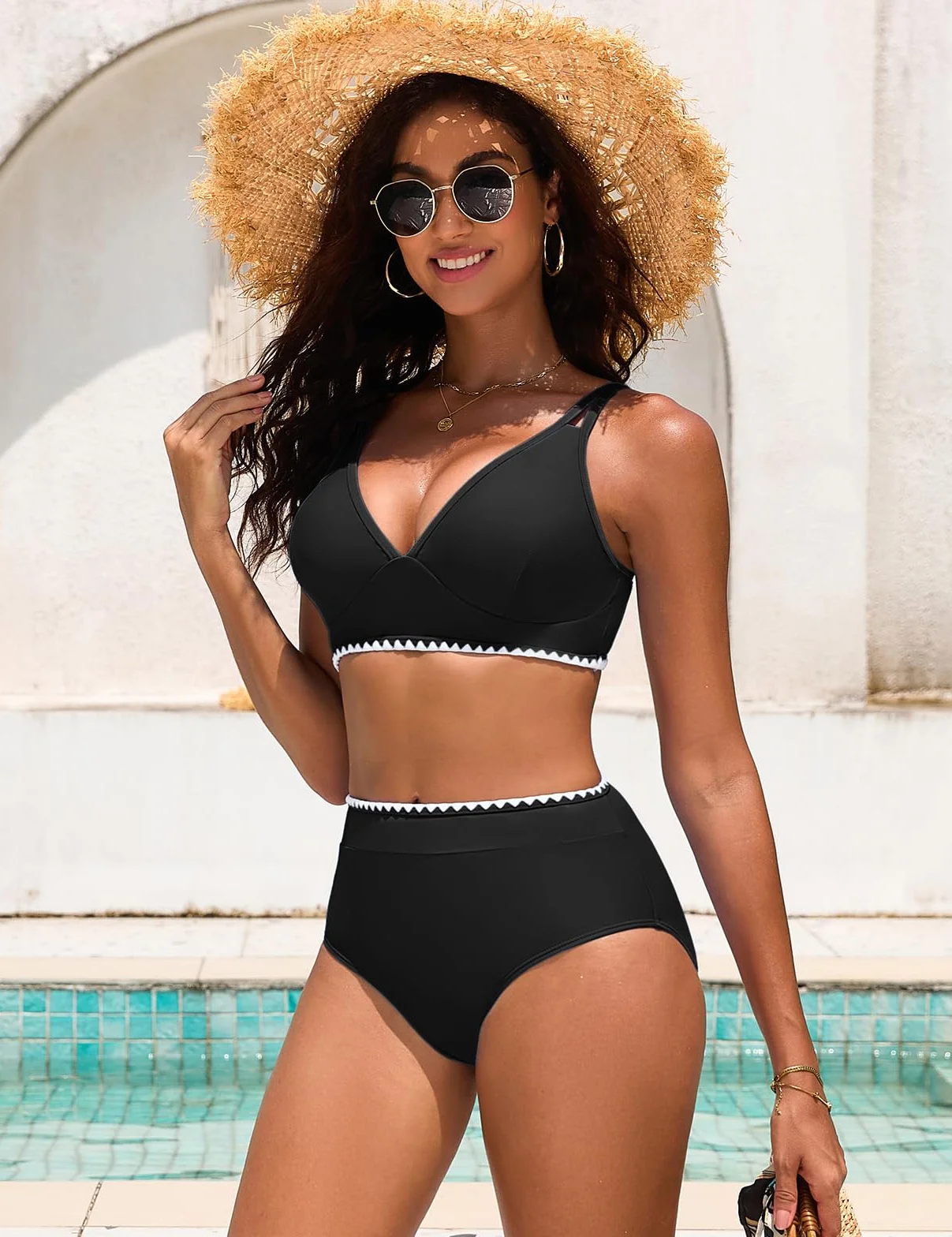 Bikini Mujer Cintura Alta Push Up Cuello En V Bañadores 2 Piezas Pliegues Reductores Control Abdominal