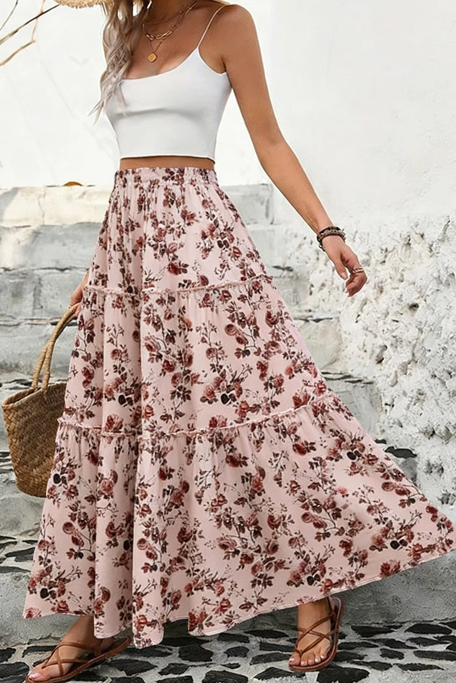 Falda Larga Cintura Alta Elegante Maxi con Bolsillos A-línea Elástica Bohemio Playa Verano