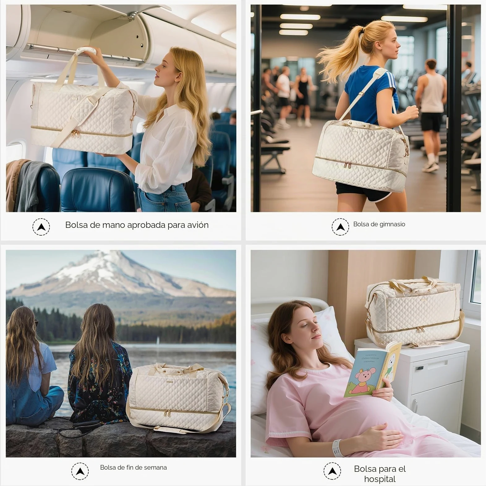 Gloppie 39L Bolsa de Viaje Grande Mujer, Bolsa Deportiva con Neceser, Ligera Bolsa Maternidad Hospital con Compartimento para Zapatos, Transporte Equipaje Yoga Deporte Gimnasio, Beige