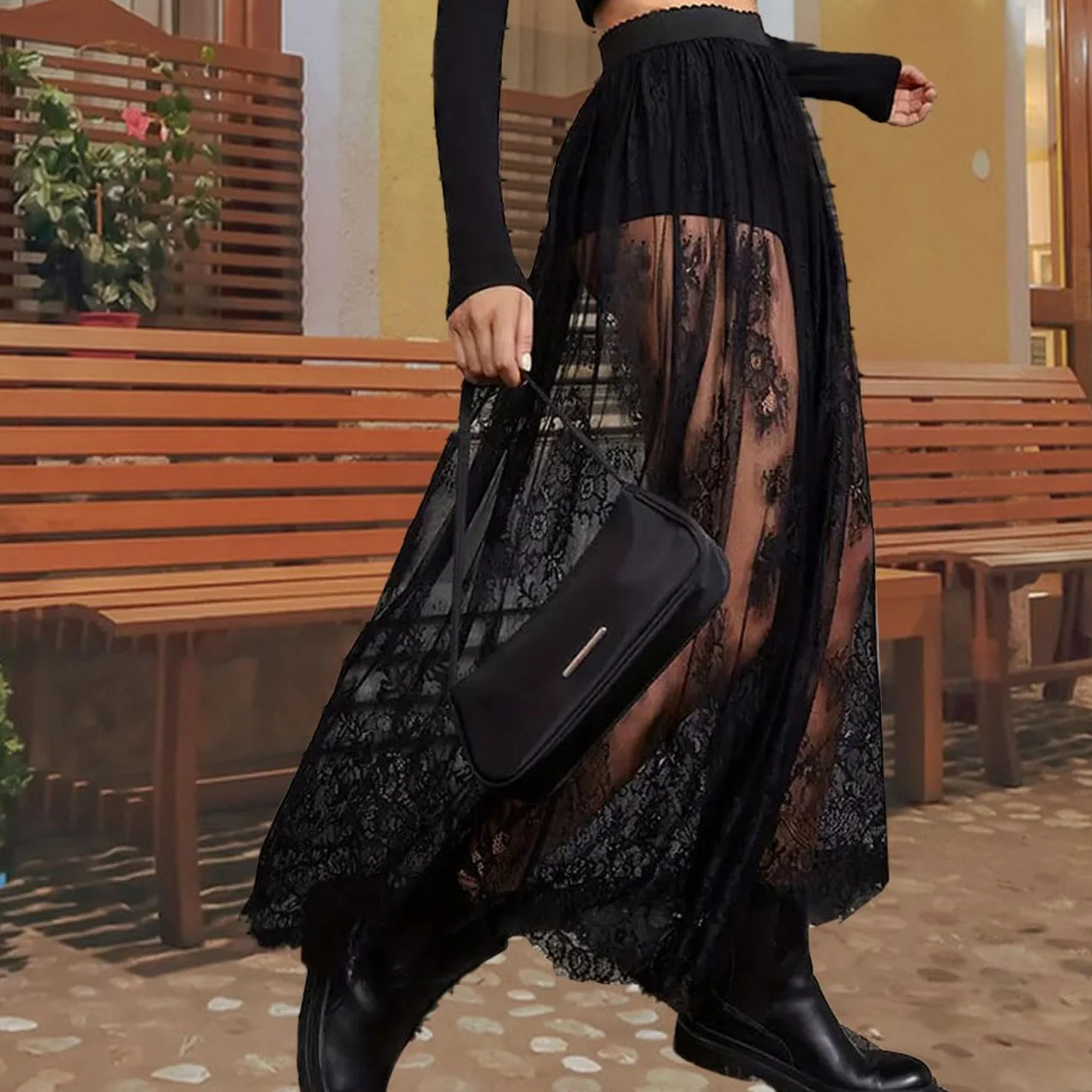 Falda Larga Semitransparente Encaje Mujer, Sexy 2 en 1, Malla Transparente, Cintura elástica línea A, Maxifalda Tul Debajo Pantalones Cortos, Ropa Festivales Salir, Negra, Tallas S
