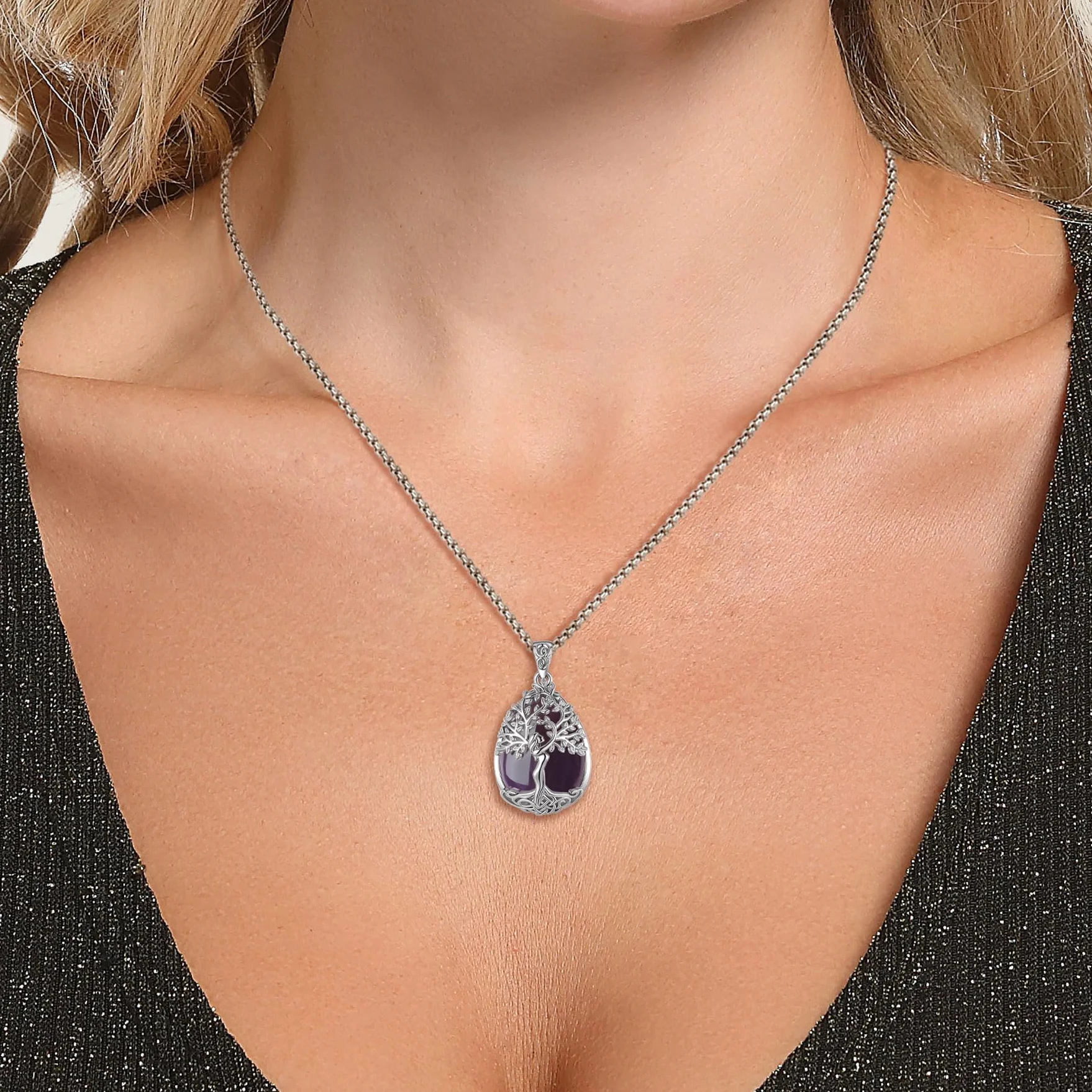 Collar Árbol de la vida con Obsidian Amatista Turquesa Malaquita Piedra de Luna para Mujer, Colgante de Cristal Curativo Joyería Original Regalo para Mujer Madre Mama, 20"+2"
